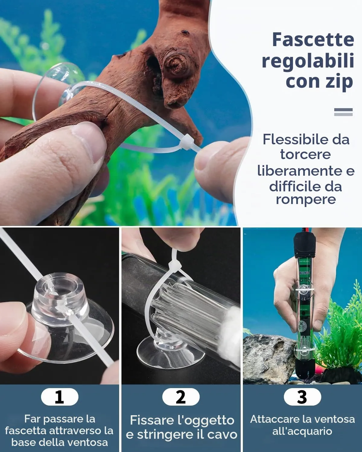 Pawfly Confezione da 20 Ventose per acquari con Clip e Fascette Regolabili Strumento per acquari per Legare Decorazioni di Muschio per Tubi d'Aria, nidi di gamberetti e amache per rettili - immagine 3