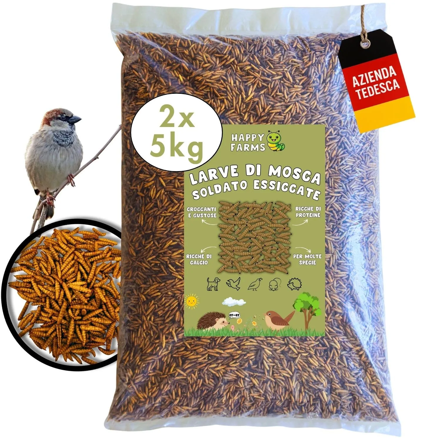 HappyFarms larve di mosca soldati secchi – alternativa naturale ai vermi della farina, 10 kg di mangime ricco di proteine per uccelli, ricci e pesci - immagine 1