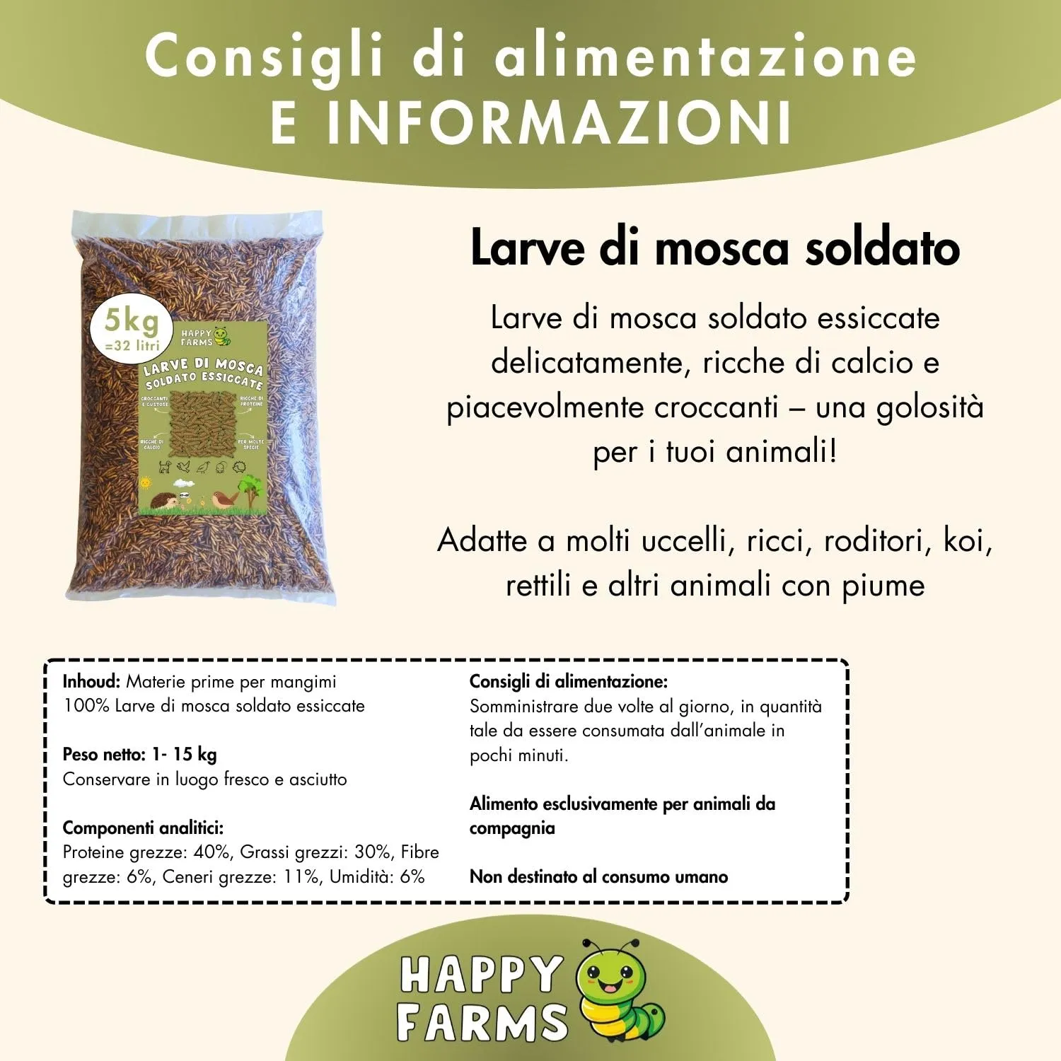 HappyFarms larve di mosca soldati secchi – alternativa naturale ai vermi della farina, 10 kg di mangime ricco di proteine per uccelli, ricci e pesci - immagine 7