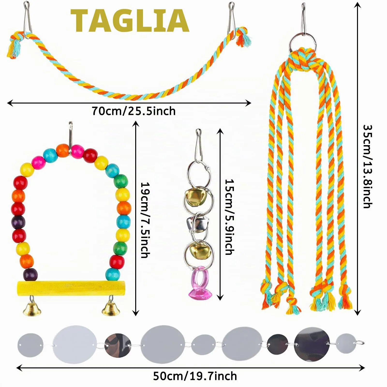 QUOZUO 8 giocattoli per uccelli per parrocchetti con scala colorata amaca gabbia per uccelli accessori posatoio stand giocattoli da masticare campana appesi pappagallo - immagine 2