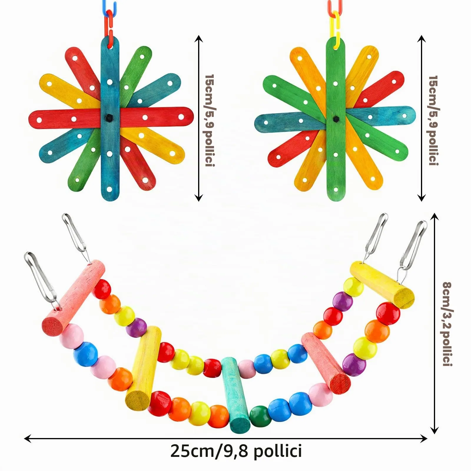 QUOZUO 8 giocattoli per uccelli per parrocchetti con scala colorata amaca gabbia per uccelli accessori posatoio stand giocattoli da masticare campana appesi pappagallo - immagine 3