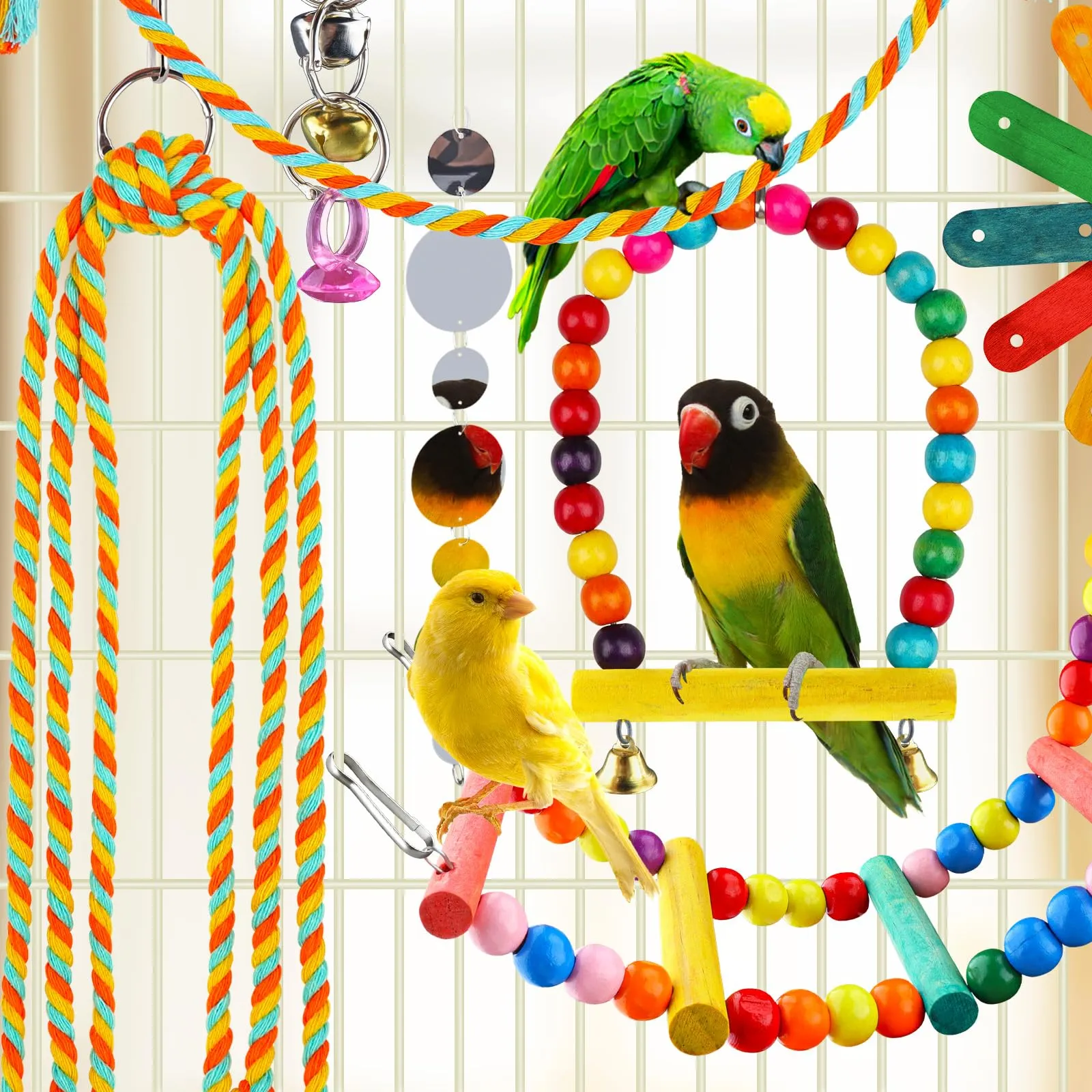 QUOZUO 8 giocattoli per uccelli per parrocchetti con scala colorata amaca gabbia per uccelli accessori posatoio stand giocattoli da masticare campana appesi pappagallo - immagine 4