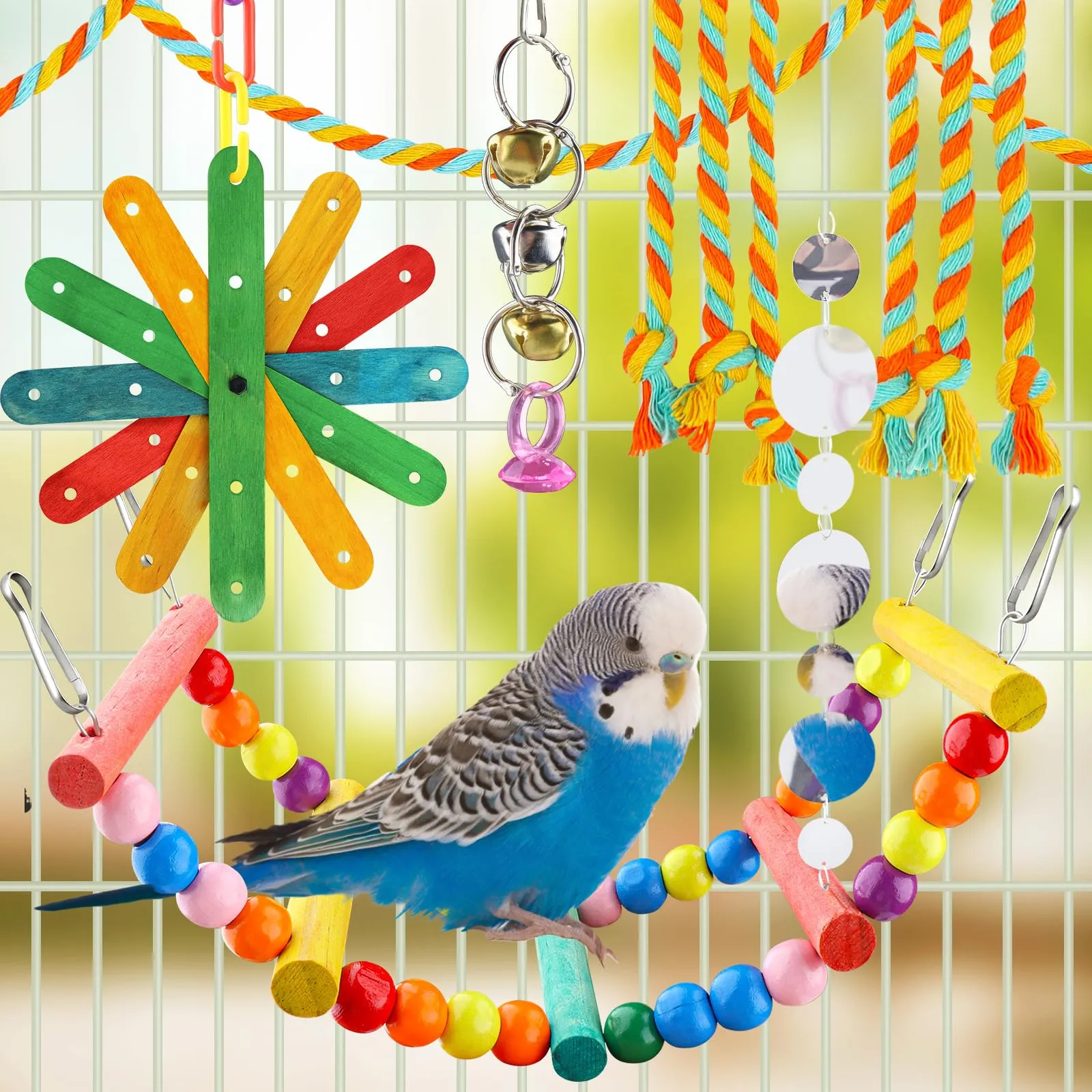 QUOZUO 8 giocattoli per uccelli per parrocchetti con scala colorata amaca gabbia per uccelli accessori posatoio stand giocattoli da masticare campana appesi pappagallo - immagine 5
