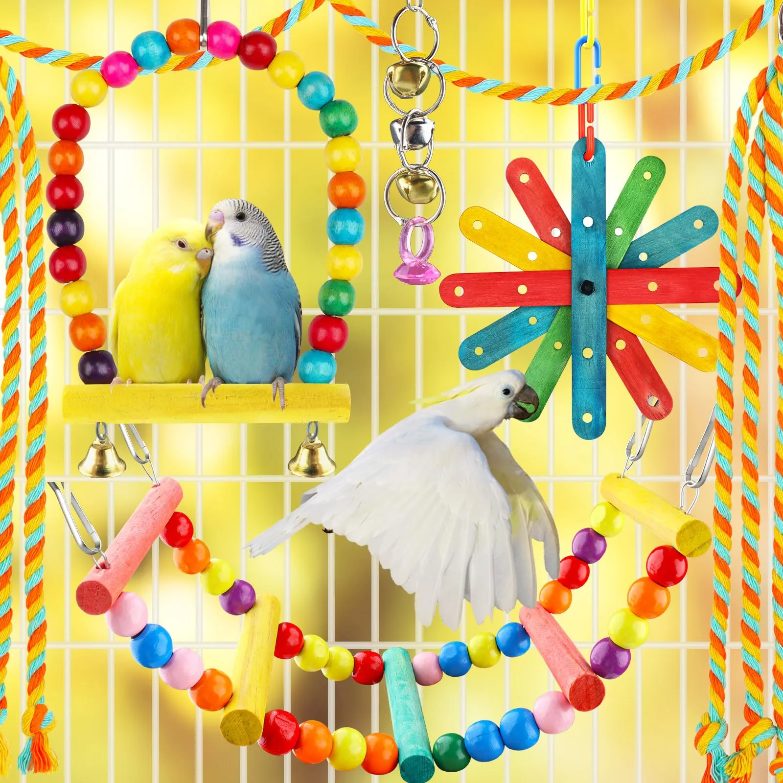 QUOZUO 8 giocattoli per uccelli per parrocchetti con scala colorata amaca gabbia per uccelli accessori posatoio stand giocattoli da masticare campana appesi pappagallo - immagine 6