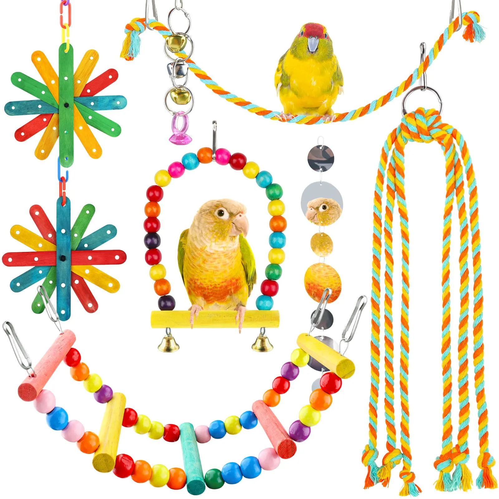 QUOZUO 8 giocattoli per uccelli per parrocchetti con scala colorata amaca gabbia per uccelli accessori posatoio stand giocattoli da masticare campana appesi pappagallo - immagine 7
