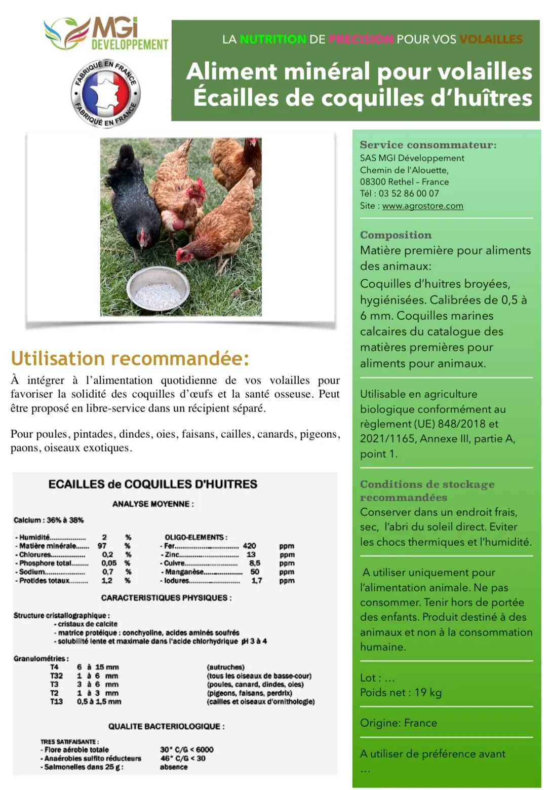 Scaglie di Conchiglie di Ostriche – Alimento Minerale per Pollame – Fonte di Calcio Naturale – Galline, Quaglie, Tacchino – Fabbricato e Confezionato in Francia (19 kg) - immagine 2