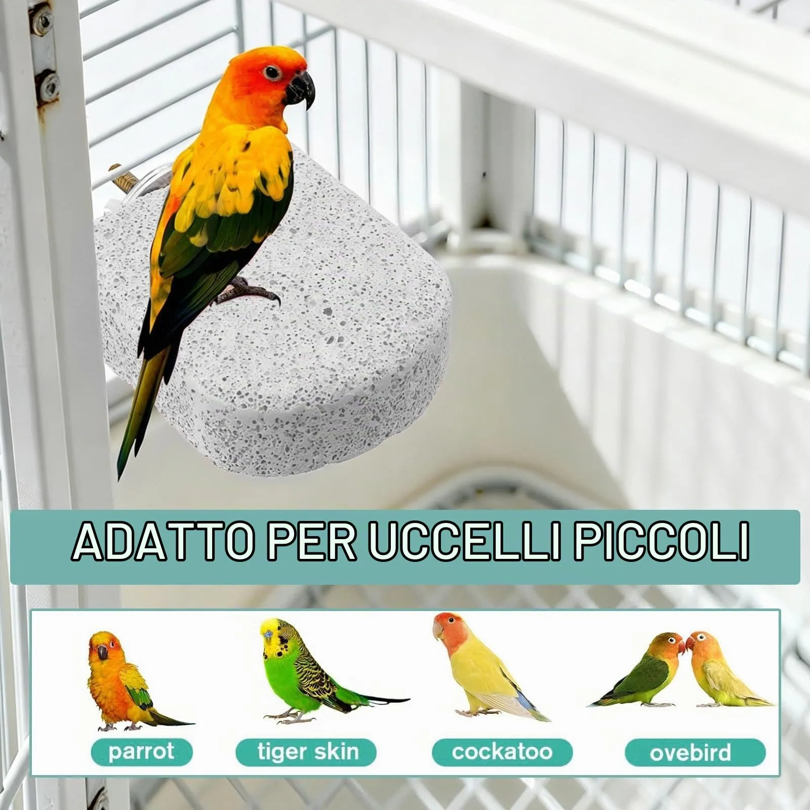 JOVYTH 2 Pezzi Trespolo Pietra Naturale per Uccelli, Giocattolo da Rosicchiare E Lima Unghie per Cocorite, Calopsitte, Conuri, Gabbie Piccole - immagine 4