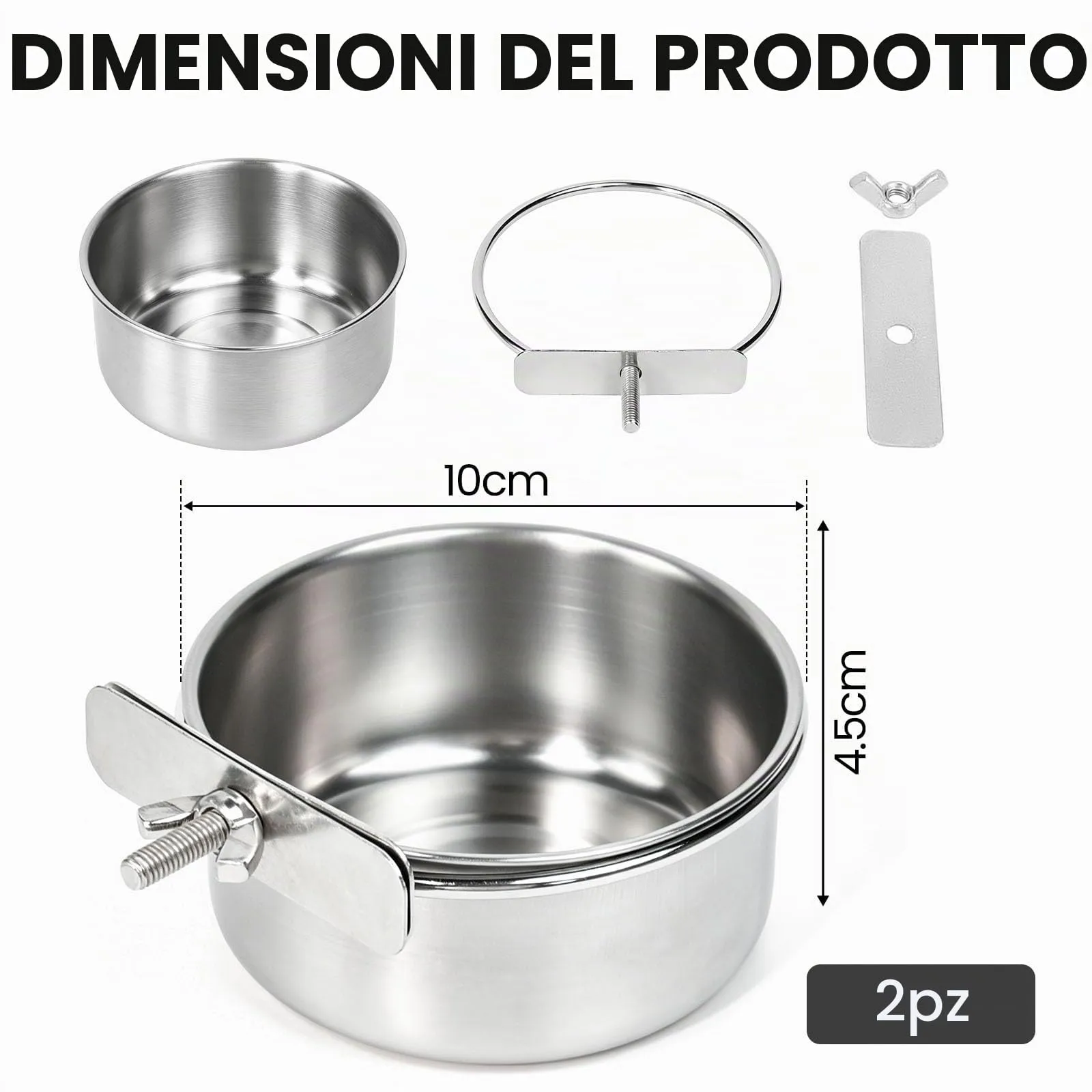 PULCINELLI 2 Pz Ciotola per Uccelli in Acciaio Inox da Appendere 10X4,5 cm - immagine 2