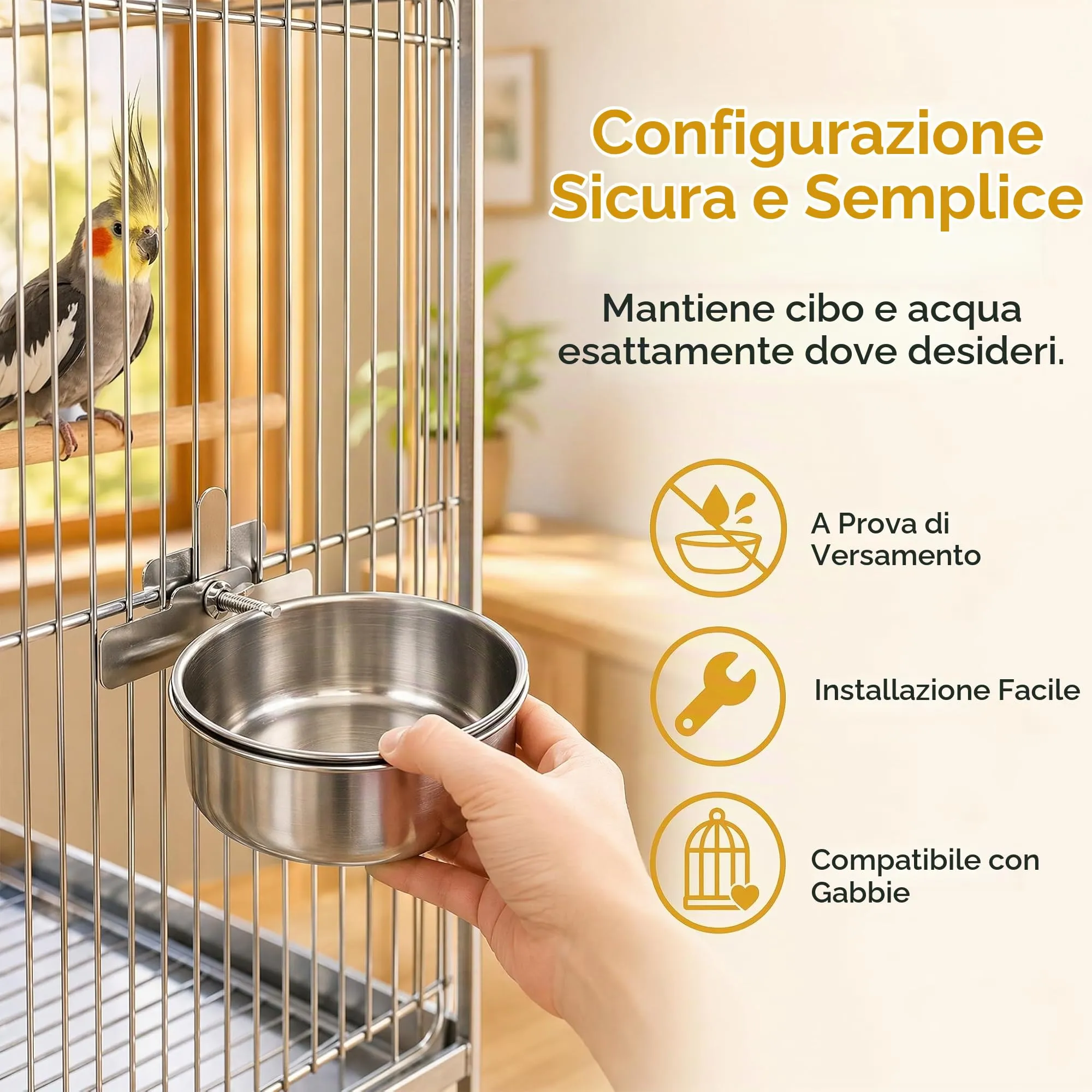 PULCINELLI 2 Pz Ciotola per Uccelli in Acciaio Inox da Appendere 10X4,5 cm - immagine 3