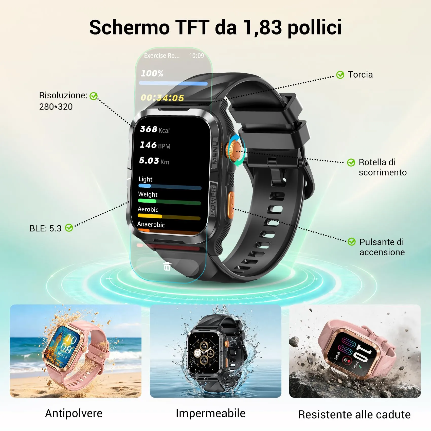Blackview Smartwatch Uomo Donna, 1.83" Smartwatch Militare Fitness con Chiamate Bluetooth Orologio Intelligente 100+ Modalità Sportive/Cardiofrequenzimetro/SpO2/ChatGPT/GPS/Torcia per Android iOS - immagine 2