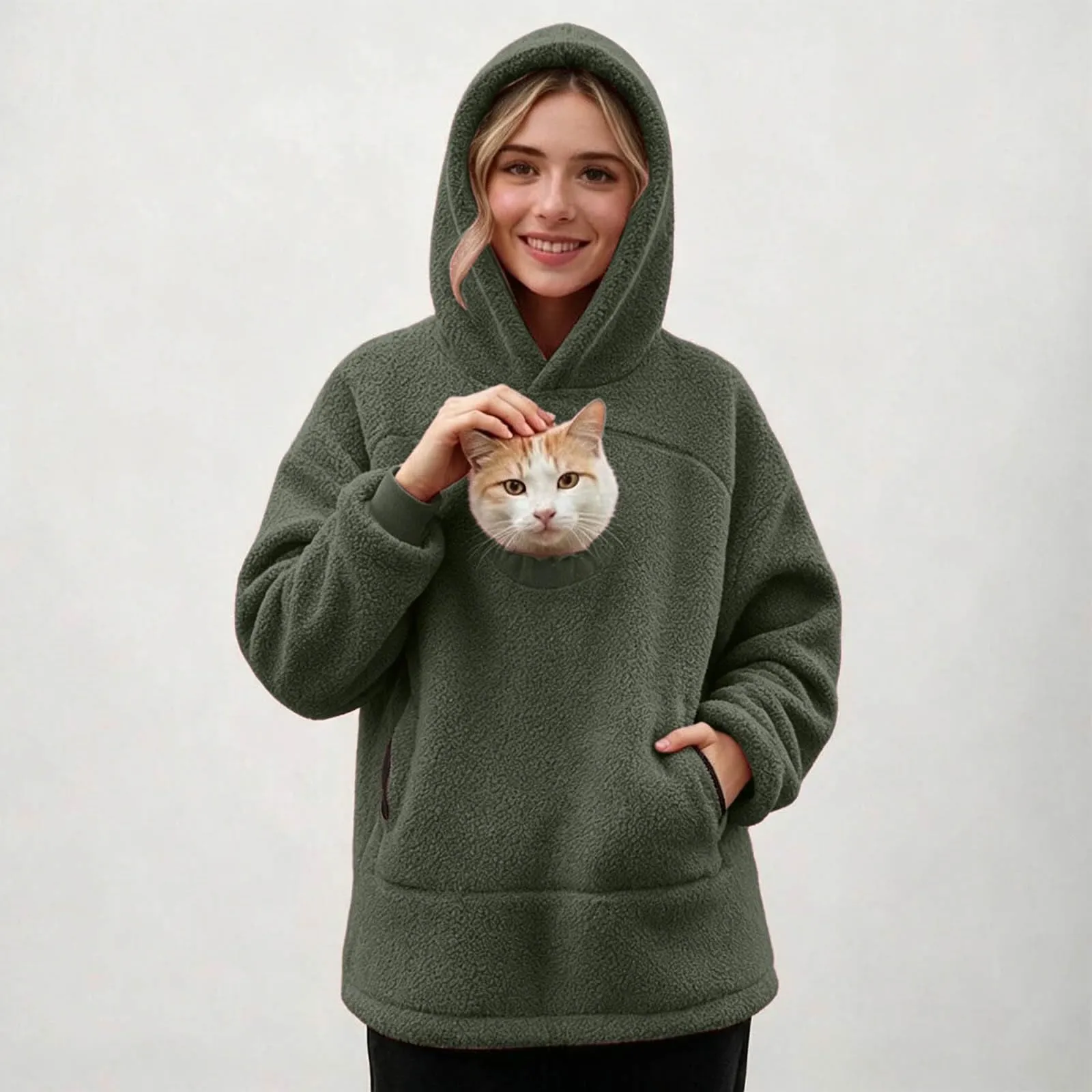 lozssnigzi Felpa Porta Gatto da Donna in Pile con Cappuccio - Grande Tasca a Marsupio Porta-Animali per Cagnolini, Gattini e Gatti, Morbida e Confortevole, Hoodie per Gli Amanti degli Animali - immagine 3