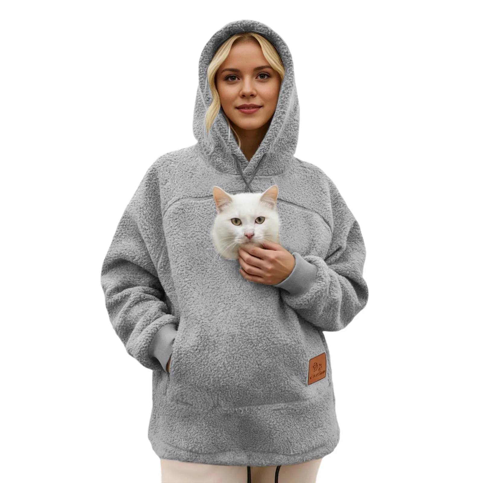 lozssnigzi Felpa Porta Gatto da Donna in Pile con Cappuccio - Grande Tasca a Marsupio Porta-Animali per Cagnolini, Gattini e Gatti, Morbida e Confortevole, Hoodie per Gli Amanti degli Animali - immagine 1