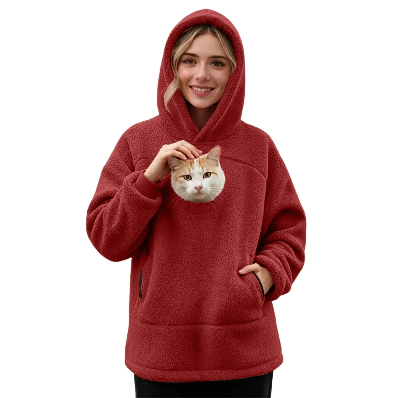 Felpa Porta Gatto da Donna in Pile con Cappuccio - Grande Tasca a Marsupio Porta-Animali per Cagnolini, Gattini e Gatti, Morbida e Confortevole, Hoodie per Gli Amanti Degli Animali - immagine 1