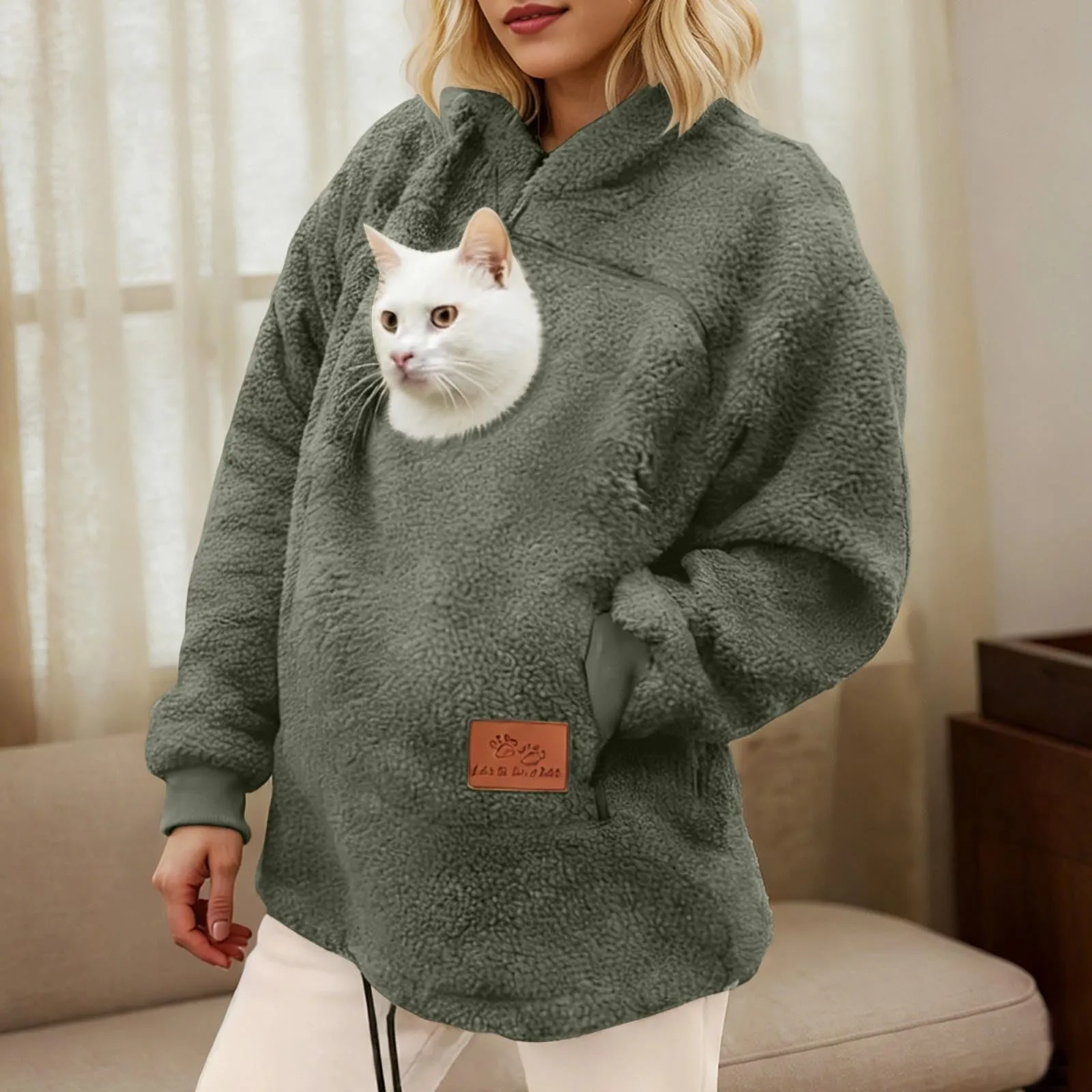 lozssnigzi Felpa Porta Gatto da Donna in Pile con Cappuccio - Grande Tasca a Marsupio Porta-Animali per Cagnolini, Gattini e Gatti, Morbida e Confortevole, Hoodie per Gli Amanti degli Animali - immagine 3