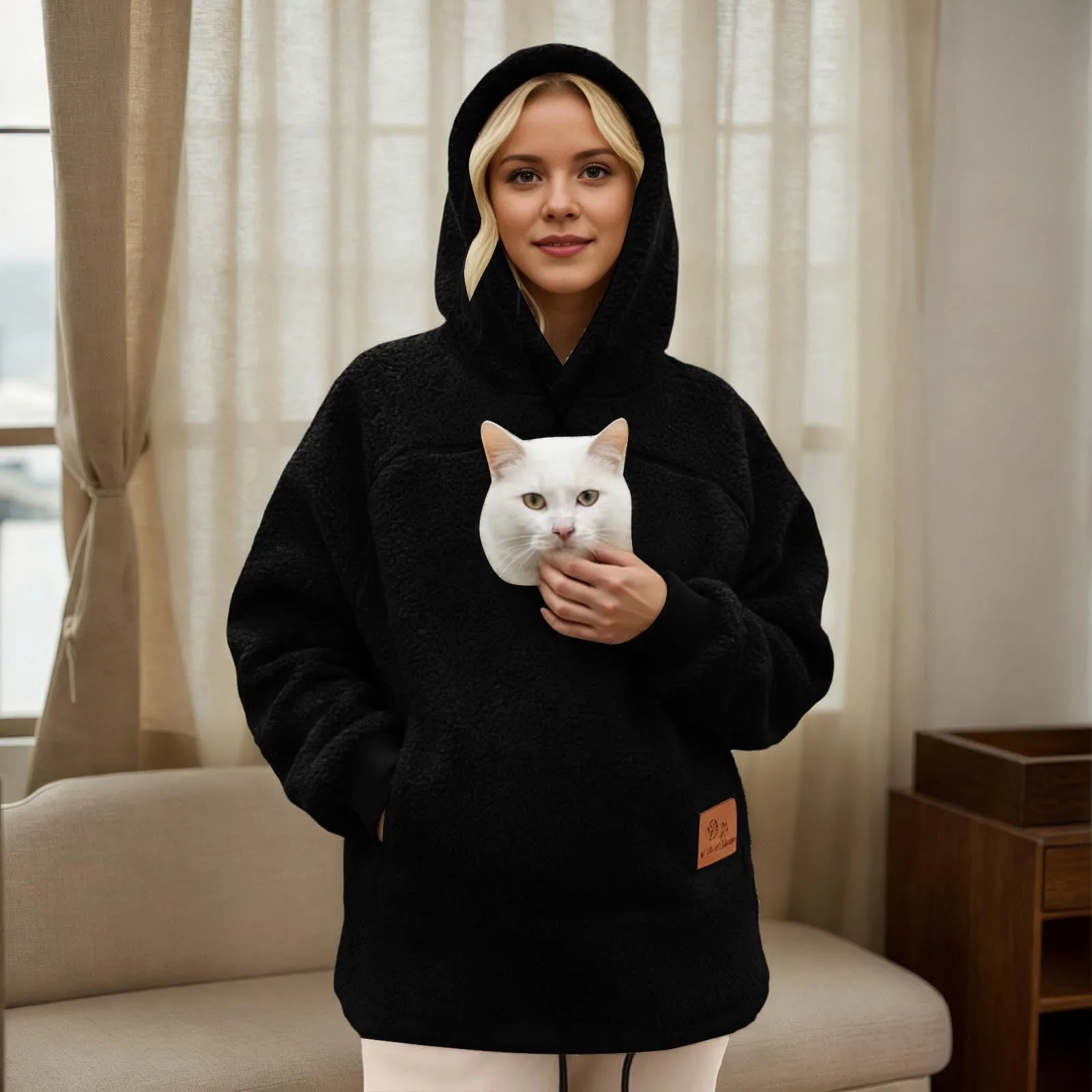 lozssnigzi Felpa Porta Gatto da Donna in Pile con Cappuccio - Grande Tasca a Marsupio Porta-Animali per Cagnolini, Gattini e Gatti, Morbida e Confortevole, Hoodie per Gli Amanti degli Animali - immagine 2