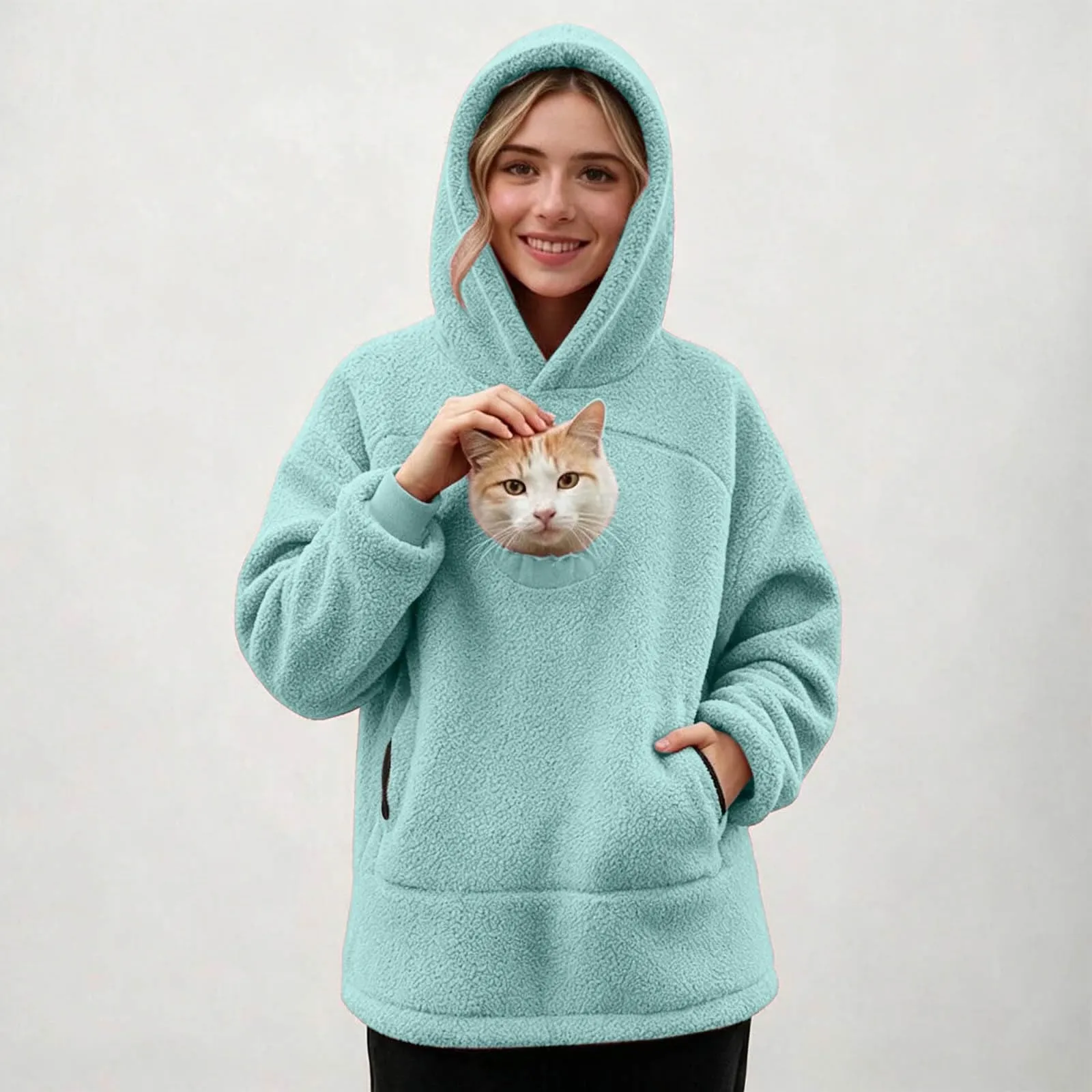 lozssnigzi Felpa Porta Gatto da Donna in Pile con Cappuccio - Grande Tasca a Marsupio Porta-Animali per Cagnolini, Gattini e Gatti, Morbida e Confortevole, Hoodie per Gli Amanti degli Animali - immagine 3