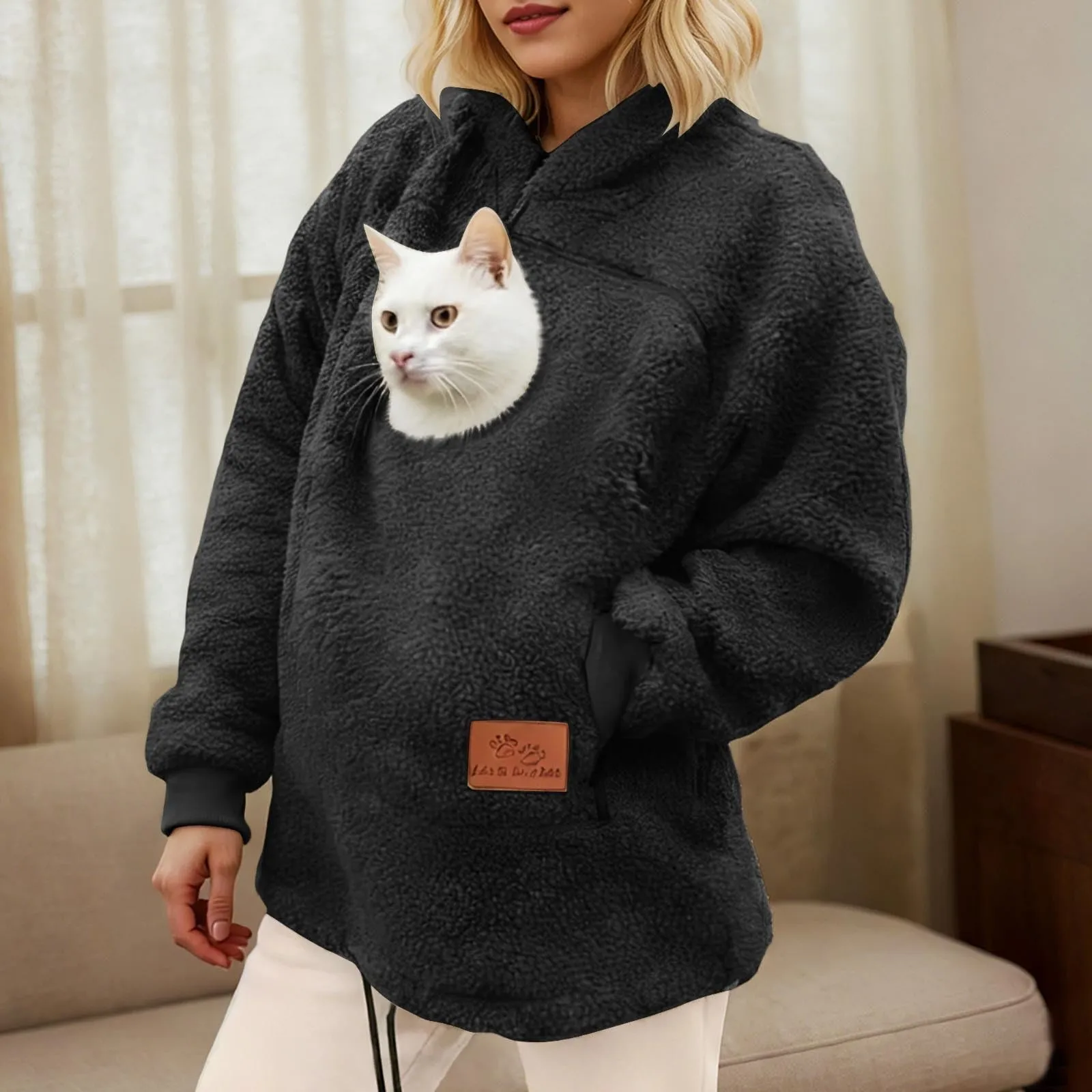 lozssnigzi Felpa Porta Gatto da Donna in Pile con Cappuccio - Grande Tasca a Marsupio Porta-Animali per Cagnolini, Gattini e Gatti, Morbida e Confortevole, Hoodie per Gli Amanti degli Animali - immagine 7