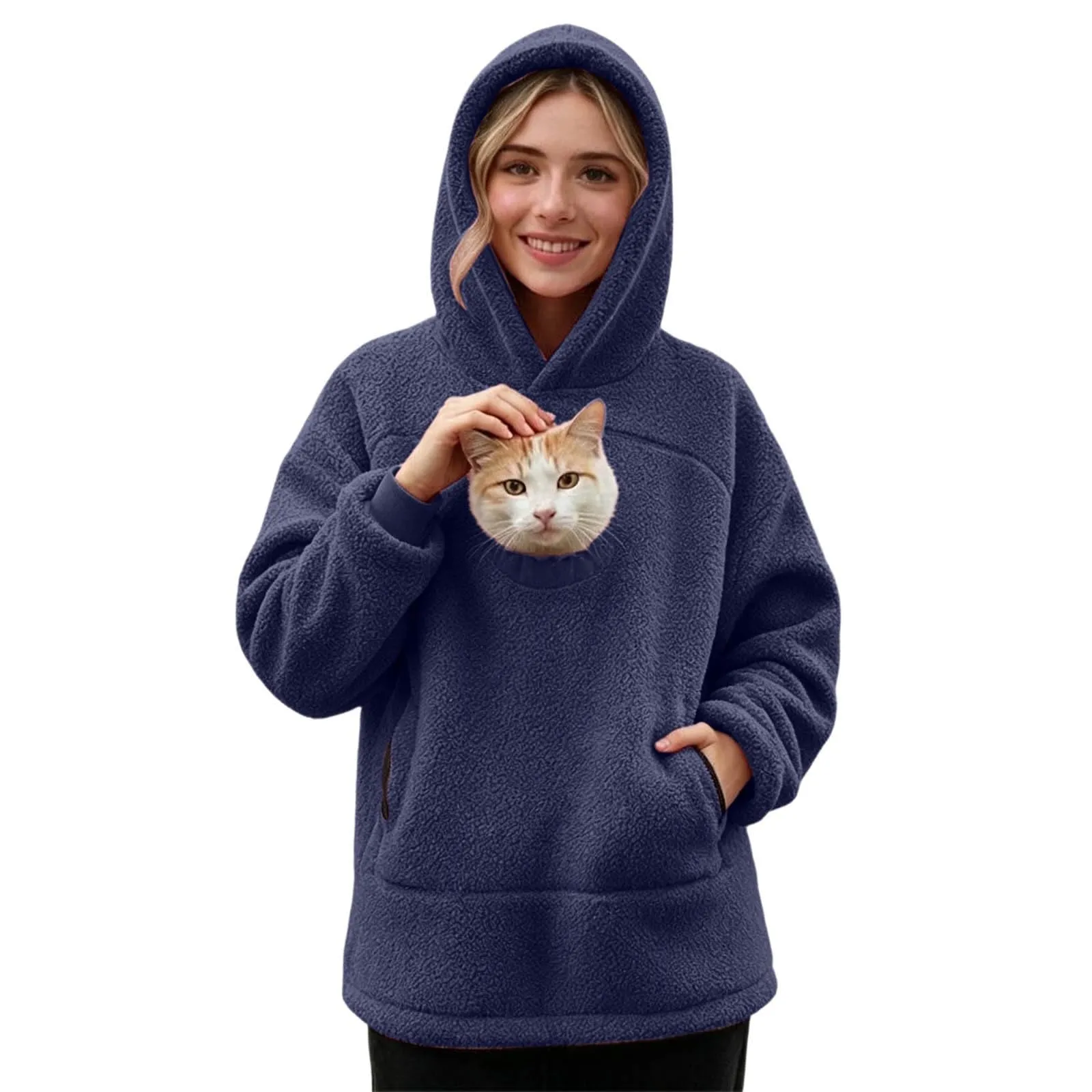 lozssnigzi Felpa Porta Gatto da Donna in Pile con Cappuccio - Grande Tasca a Marsupio Porta-Animali per Cagnolini, Gattini e Gatti, Morbida e Confortevole, Hoodie per Gli Amanti degli Animali - immagine 2