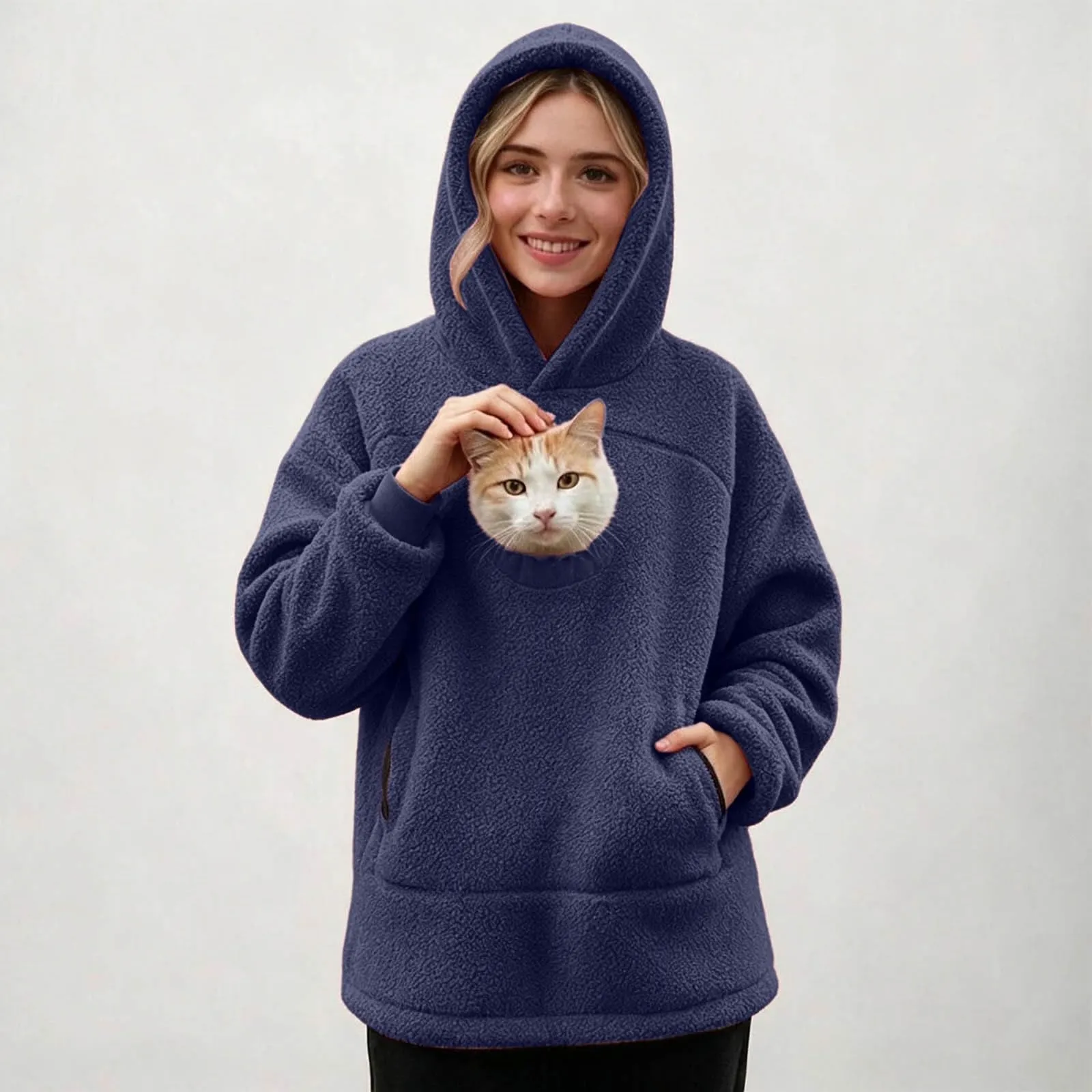 lozssnigzi Felpa Porta Gatto da Donna in Pile con Cappuccio - Grande Tasca a Marsupio Porta-Animali per Cagnolini, Gattini e Gatti, Morbida e Confortevole, Hoodie per Gli Amanti degli Animali - immagine 3