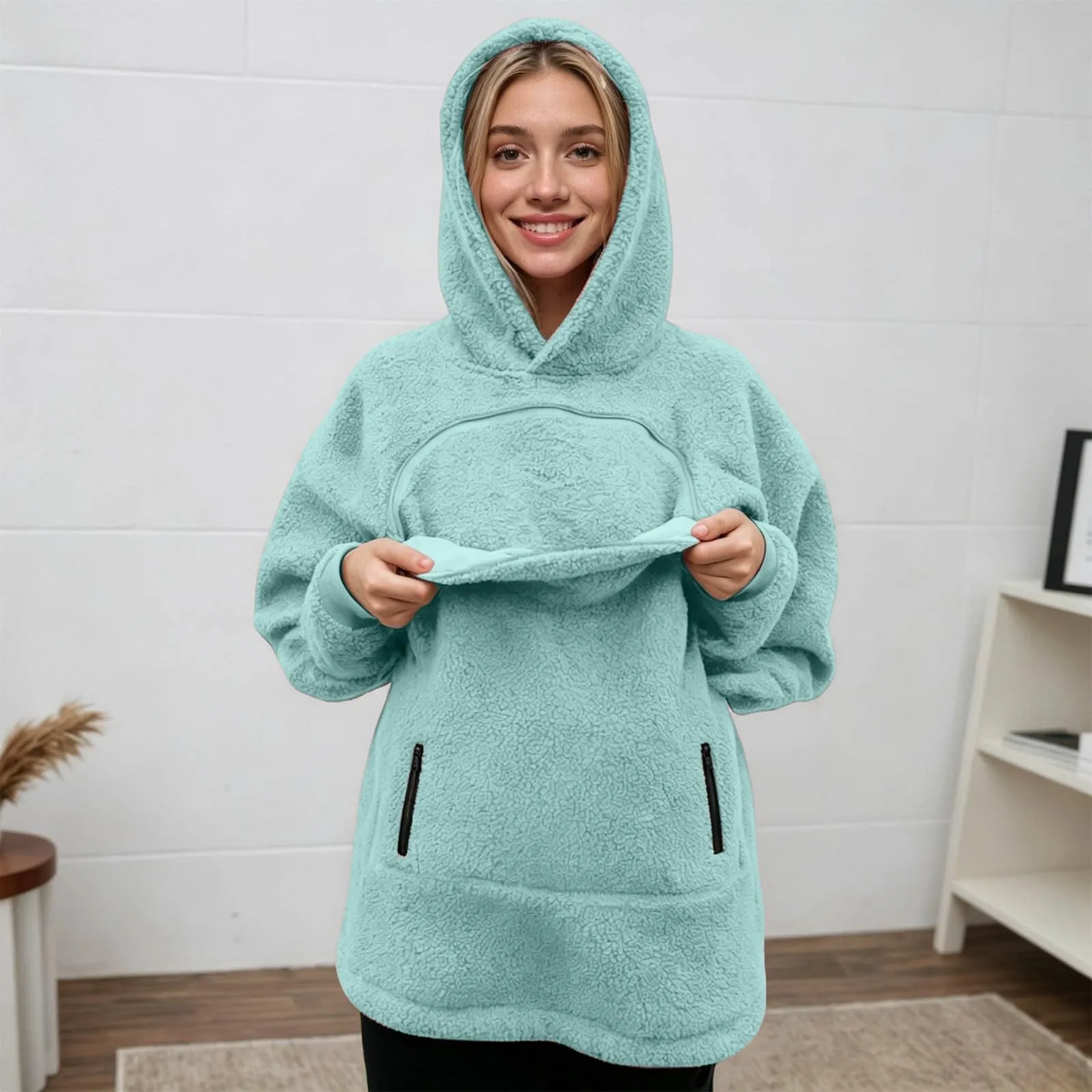 lozssnigzi Felpa Porta Gatto da Donna in Pile con Cappuccio - Grande Tasca a Marsupio Porta-Animali per Cagnolini, Gattini e Gatti, Morbida e Confortevole, Hoodie per Gli Amanti degli Animali - immagine 6