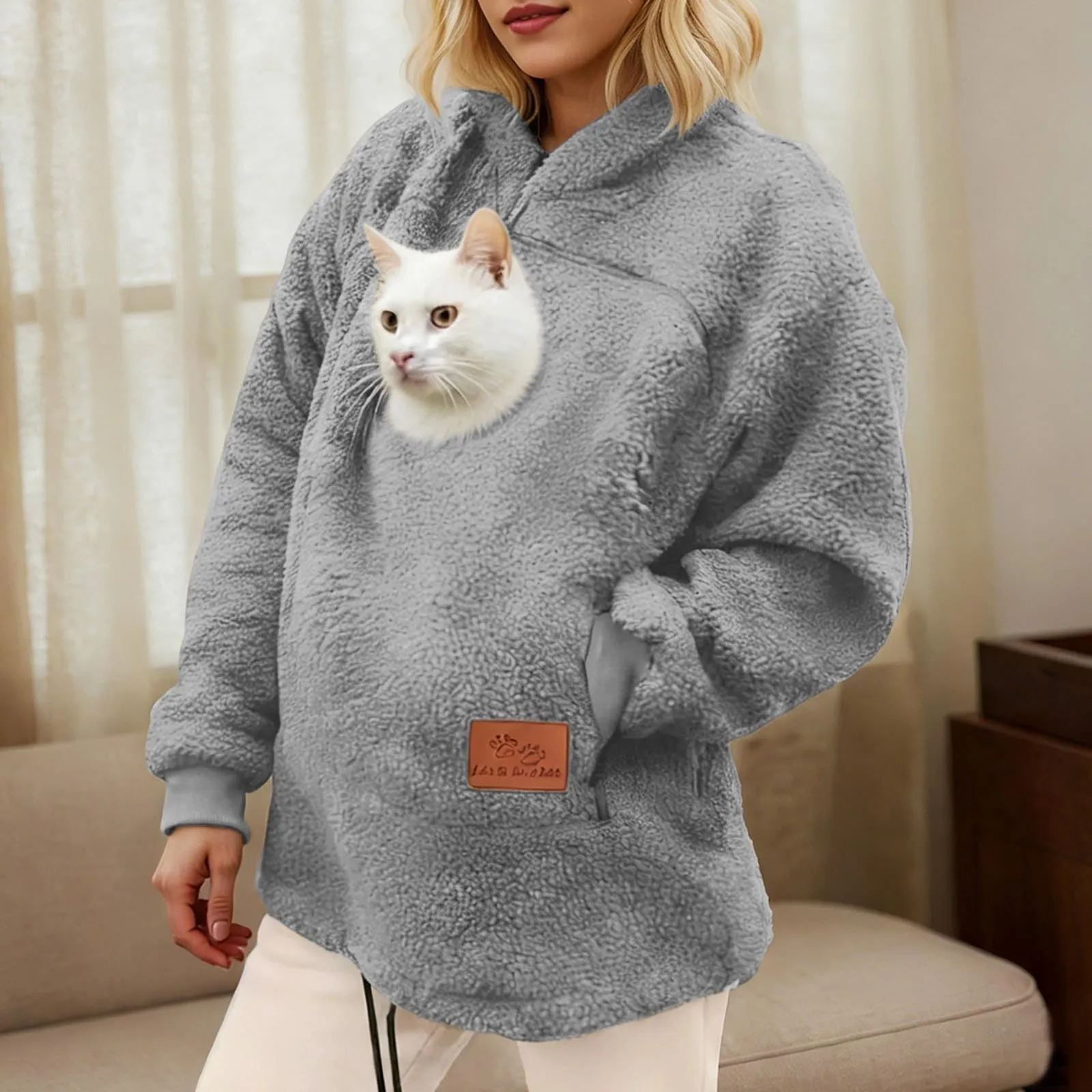 lozssnigzi Felpa Porta Gatto da Donna in Pile con Cappuccio - Grande Tasca a Marsupio Porta-Animali per Cagnolini, Gattini e Gatti, Morbida e Confortevole, Hoodie per Gli Amanti degli Animali - immagine 3