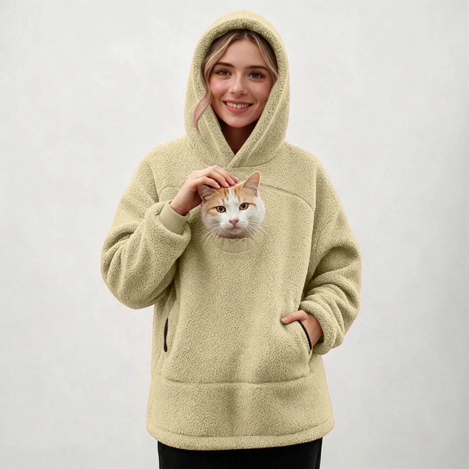 lozssnigzi Felpa Porta Gatto da Donna in Pile con Cappuccio - Grande Tasca a Marsupio Porta-Animali per Cagnolini, Gattini e Gatti, Morbida e Confortevole, Hoodie per Gli Amanti degli Animali - immagine 3