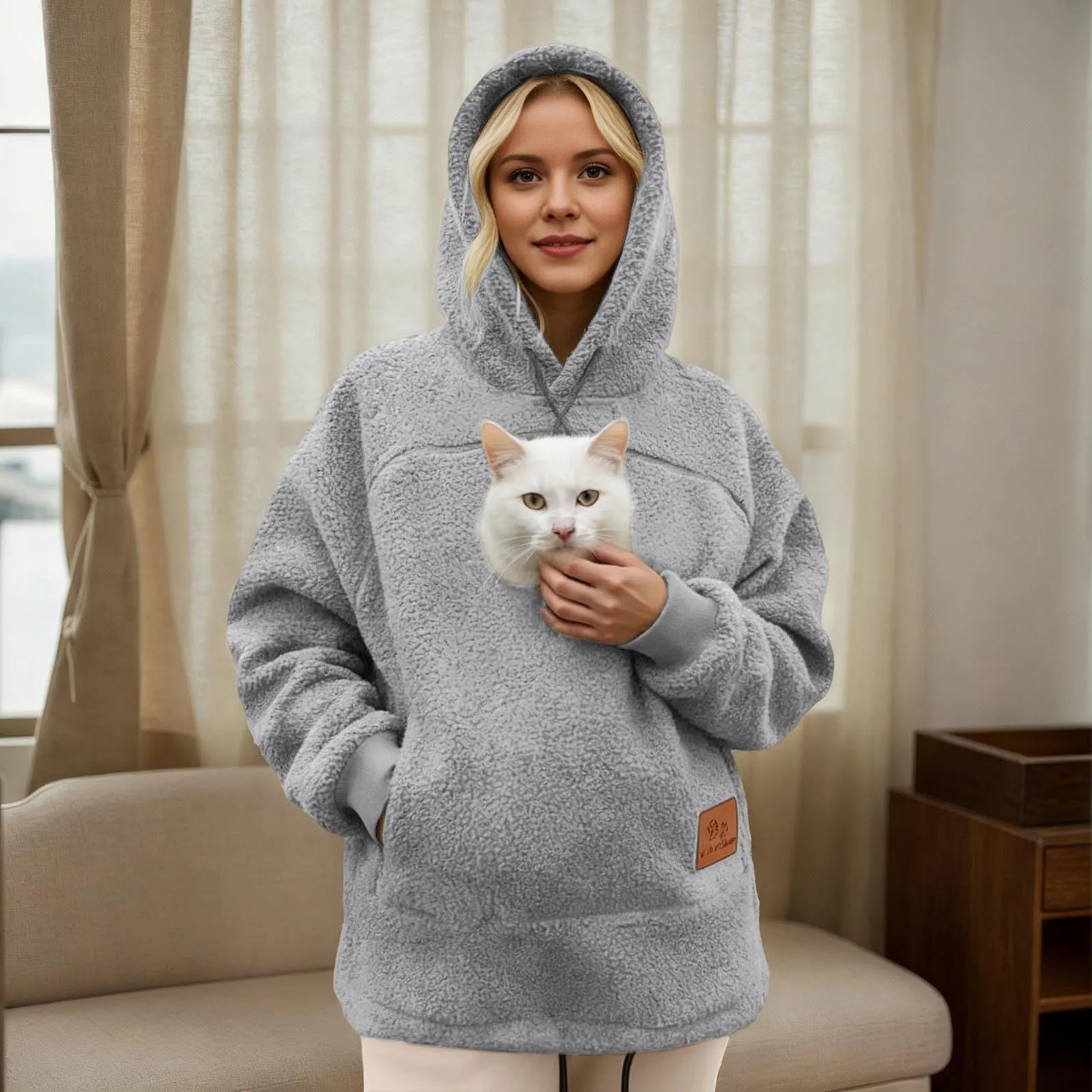 Felpa Porta Gatto da Donna in Pile con Cappuccio - Grande Tasca a Marsupio Porta-Animali per Cagnolini, Gattini e Gatti, Morbida e Confortevole, Hoodie per Gli Amanti Degli Animali - immagine 2