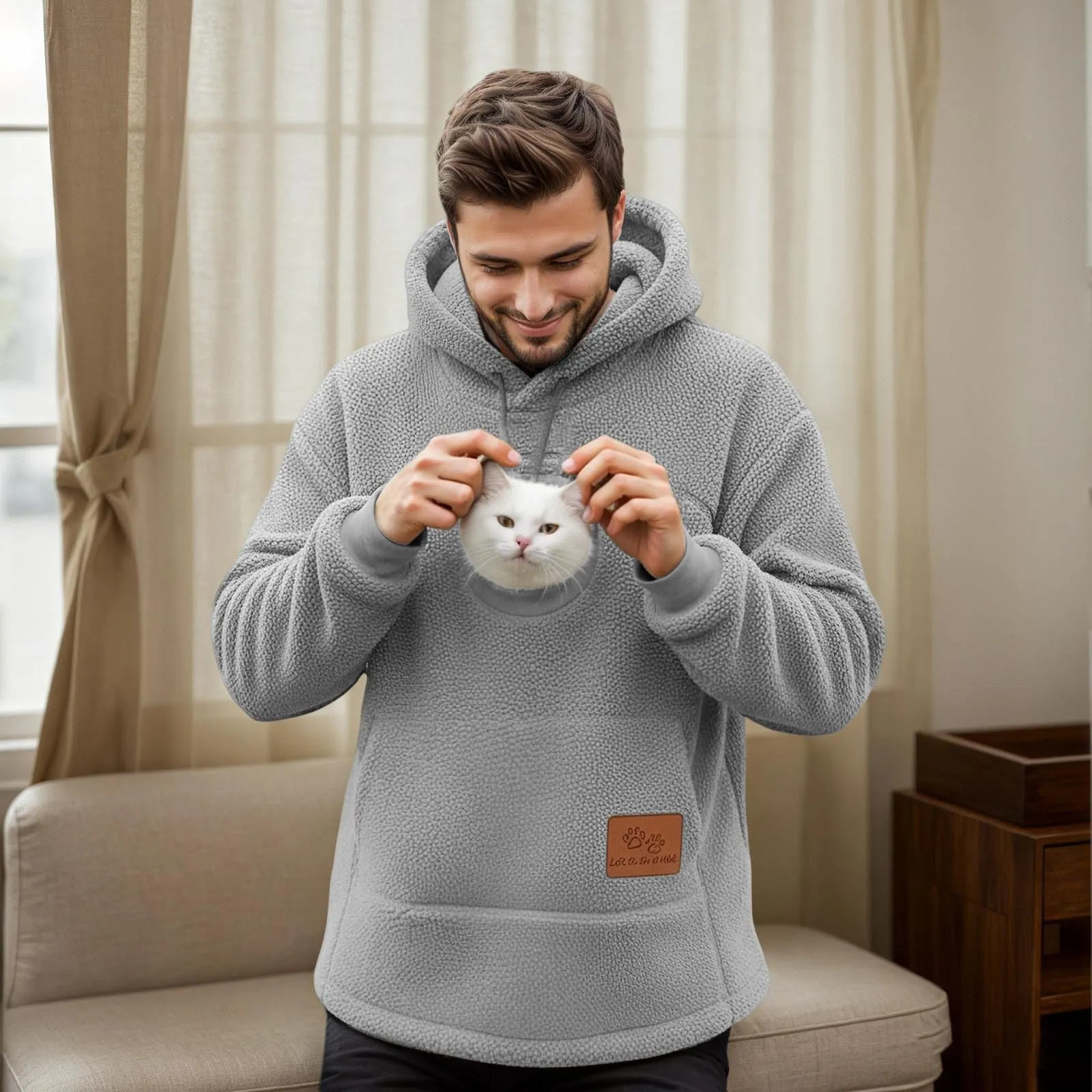 Felpa Porta Gatto da Donna in Pile con Cappuccio - Grande Tasca a Marsupio Porta-Animali per Cagnolini, Gattini e Gatti, Morbida e Confortevole, Hoodie per Gli Amanti Degli Animali - immagine 8