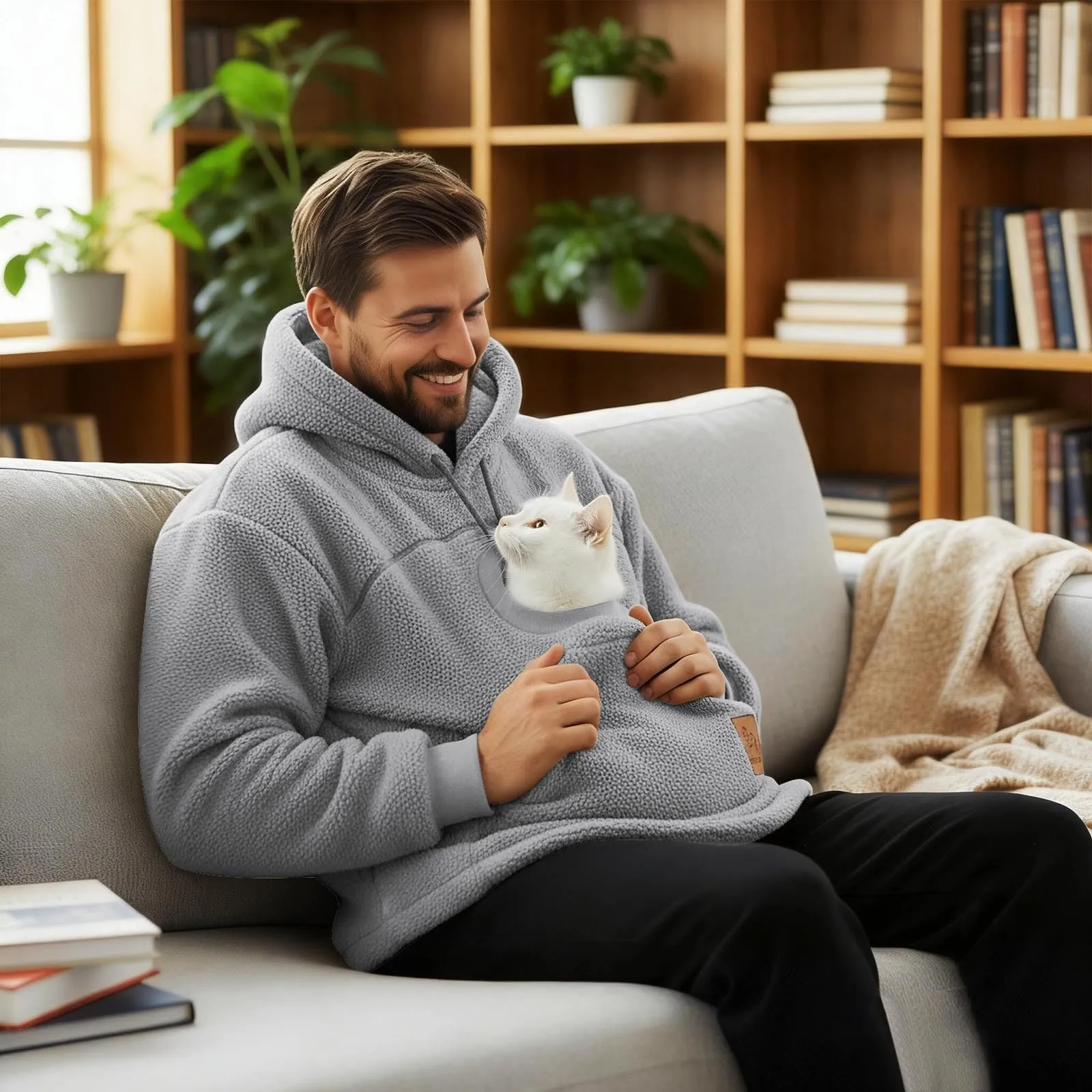 Felpa Porta Gatto da Donna in Pile con Cappuccio - Grande Tasca a Marsupio Porta-Animali per Cagnolini, Gattini e Gatti, Morbida e Confortevole, Hoodie per Gli Amanti Degli Animali - immagine 9