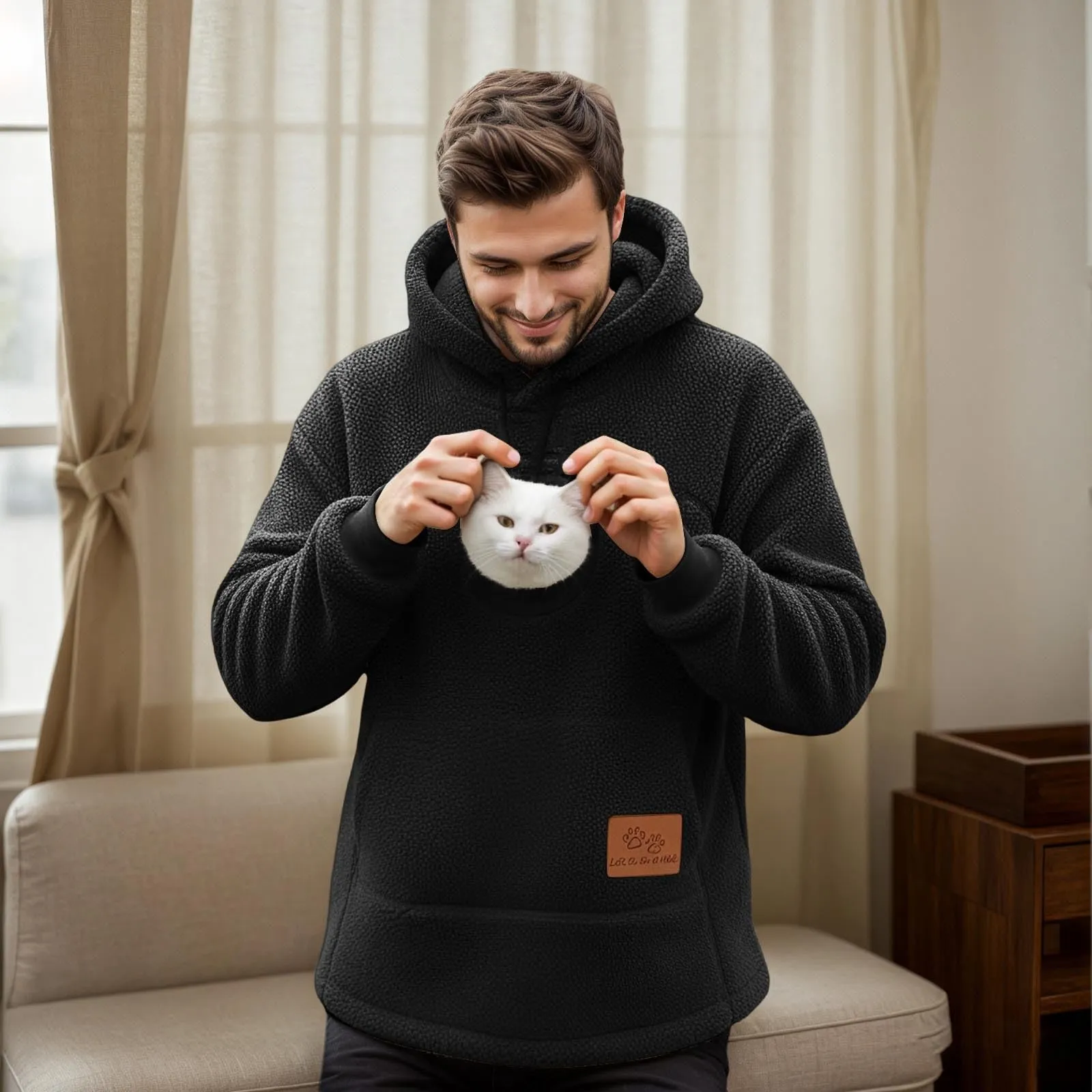 Felpa Porta Gatto da Donna in Pile con Cappuccio - Grande Tasca a Marsupio Porta-Animali per Cagnolini, Gattini e Gatti, Morbida e Confortevole, Hoodie per Gli Amanti Degli Animali - immagine 6