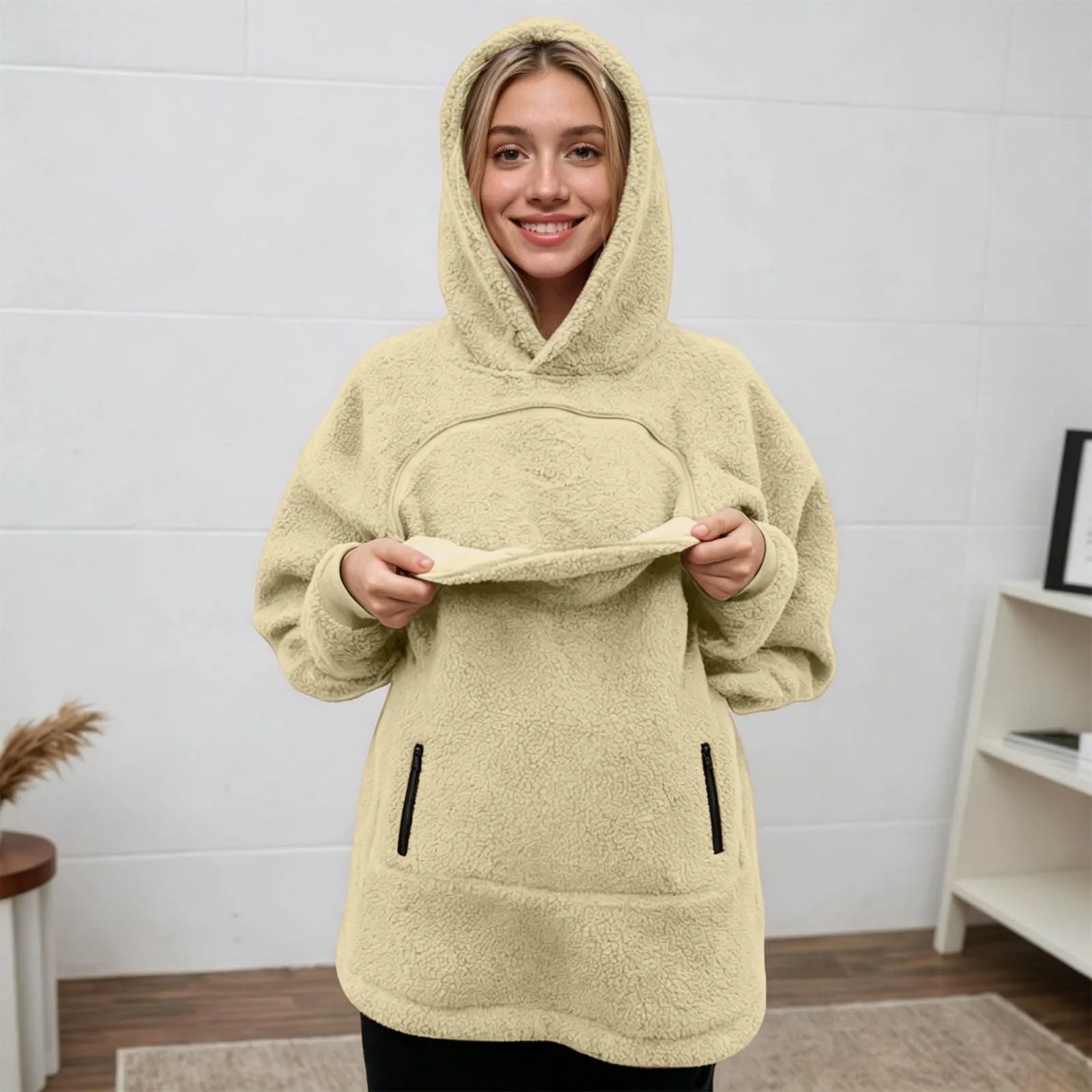 Felpa Porta Gatto da Donna in Pile con Cappuccio - Grande Tasca a Marsupio Porta-Animali per Cagnolini, Gattini e Gatti, Morbida e Confortevole, Hoodie per Gli Amanti Degli Animali - immagine 6