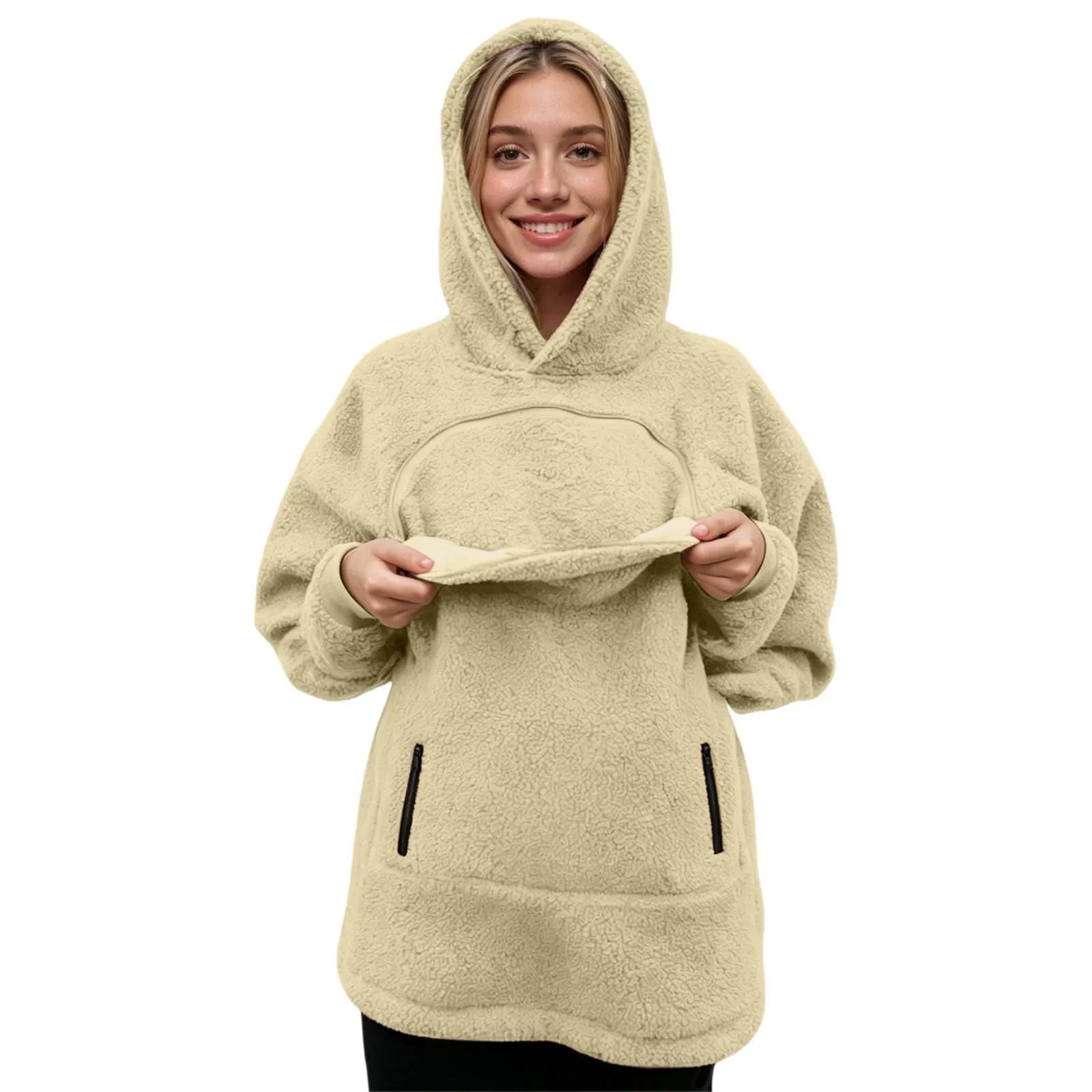 Felpa Porta Gatto da Donna in Pile con Cappuccio - Grande Tasca a Marsupio Porta-Animali per Cagnolini, Gattini e Gatti, Morbida e Confortevole, Hoodie per Gli Amanti Degli Animali - immagine 8