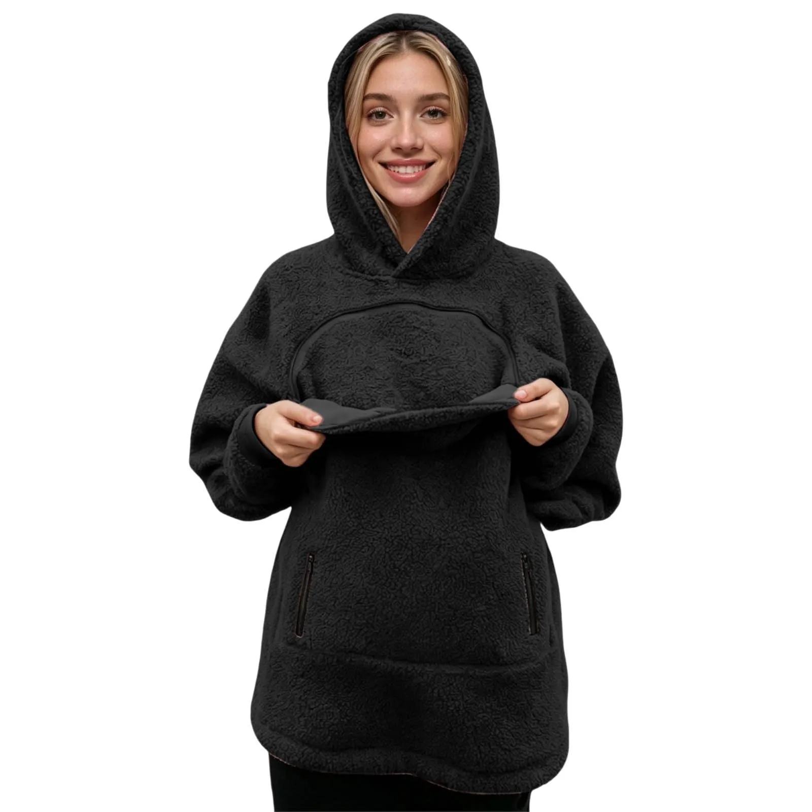 lozssnigzi Felpa Porta Gatto da Donna in Pile con Cappuccio - Grande Tasca a Marsupio Porta-Animali per Cagnolini, Gattini e Gatti, Morbida e Confortevole, Hoodie per Gli Amanti degli Animali - immagine 9