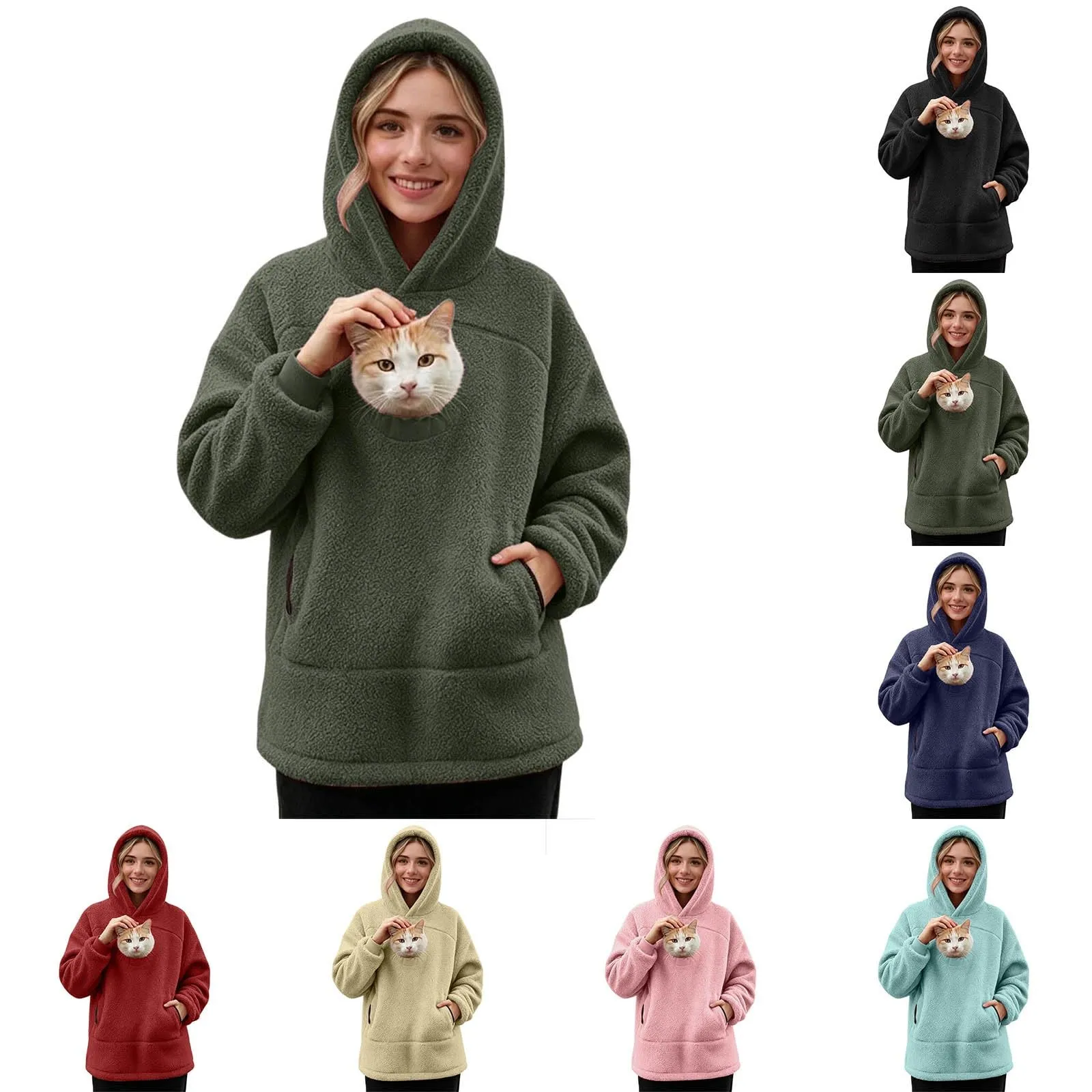 lozssnigzi Felpa Porta Gatto da Donna in Pile con Cappuccio - Grande Tasca a Marsupio Porta-Animali per Cagnolini, Gattini e Gatti, Morbida e Confortevole, Hoodie per Gli Amanti degli Animali - immagine 1