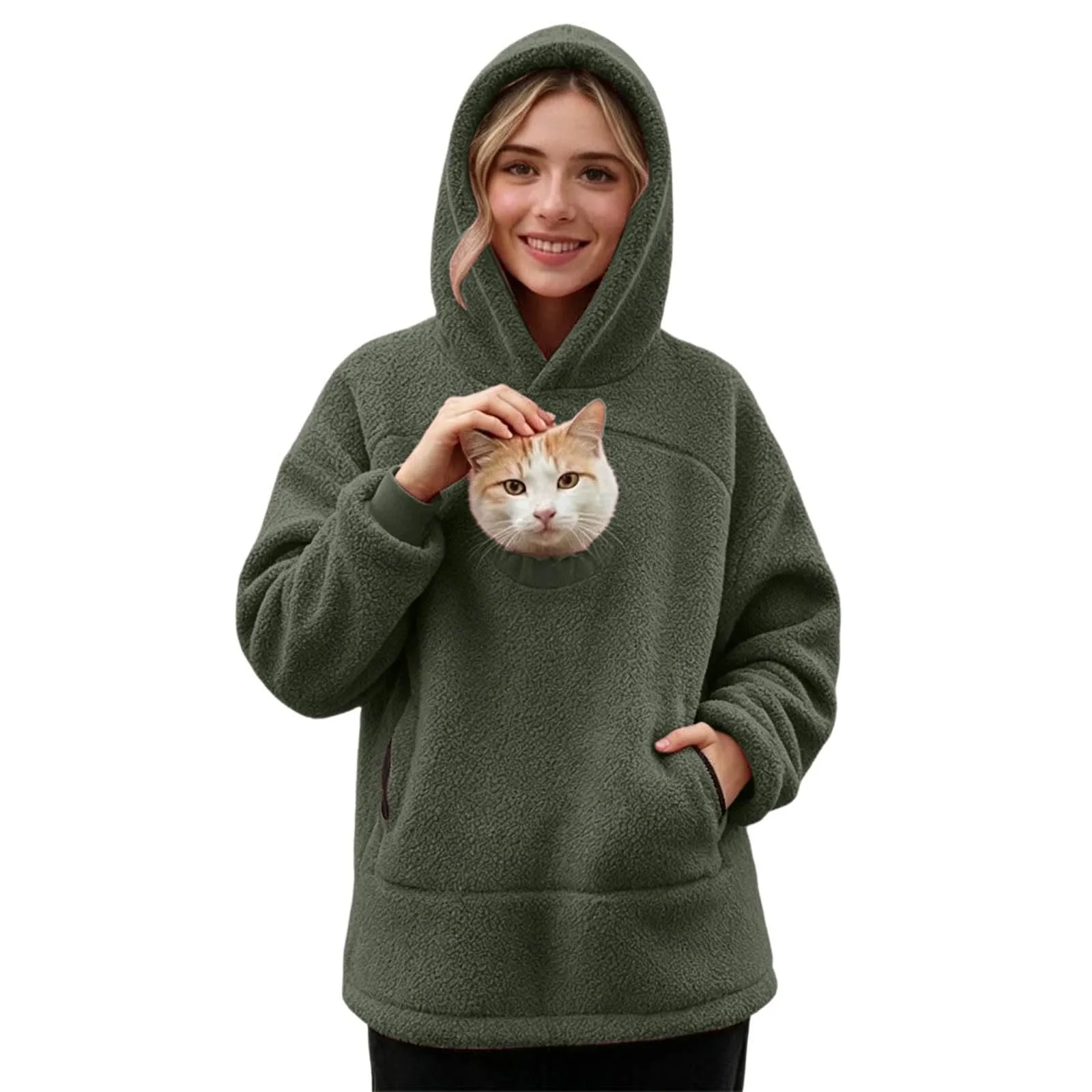 lozssnigzi Felpa Porta Gatto da Donna in Pile con Cappuccio - Grande Tasca a Marsupio Porta-Animali per Cagnolini, Gattini e Gatti, Morbida e Confortevole, Hoodie per Gli Amanti degli Animali - immagine 5
