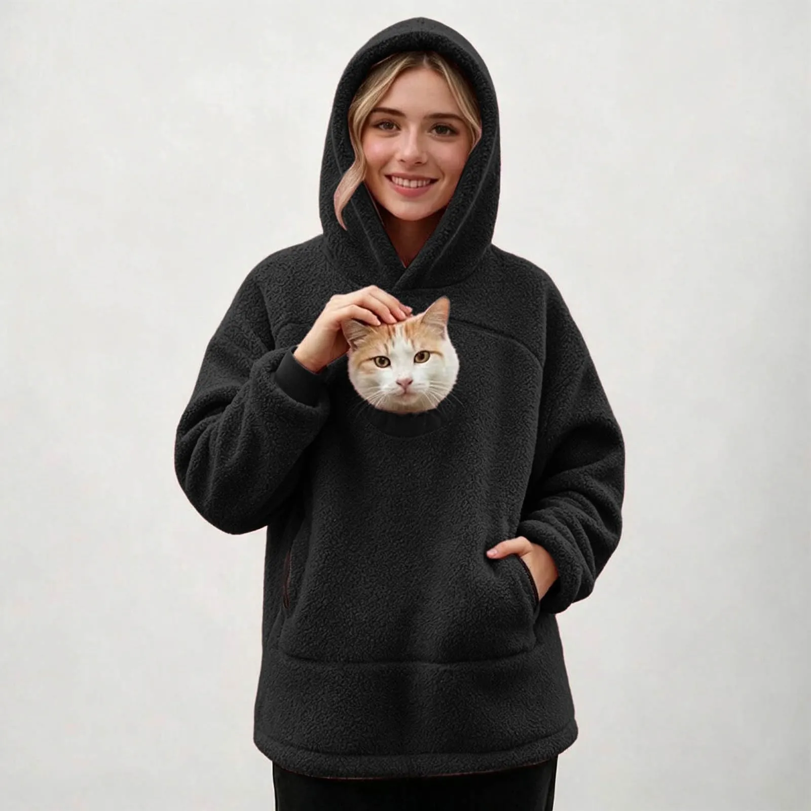 lozssnigzi Felpa Porta Gatto da Donna in Pile con Cappuccio - Grande Tasca a Marsupio Porta-Animali per Cagnolini, Gattini e Gatti, Morbida e Confortevole, Hoodie per Gli Amanti degli Animali - immagine 3