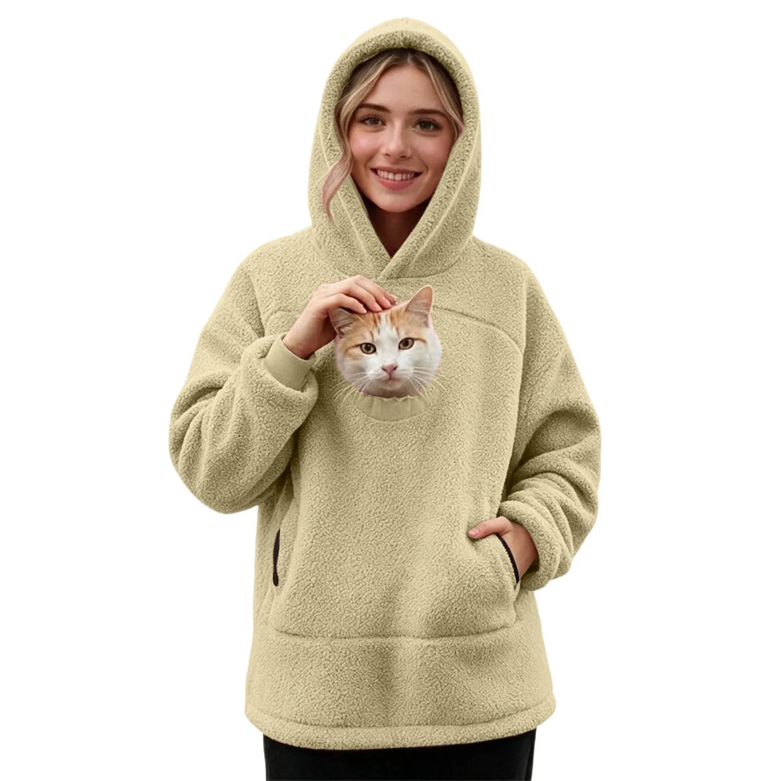 lozssnigzi Felpa Porta Gatto da Donna in Pile con Cappuccio - Grande Tasca a Marsupio Porta-Animali per Cagnolini, Gattini e Gatti, Morbida e Confortevole, Hoodie per Gli Amanti degli Animali - immagine 1