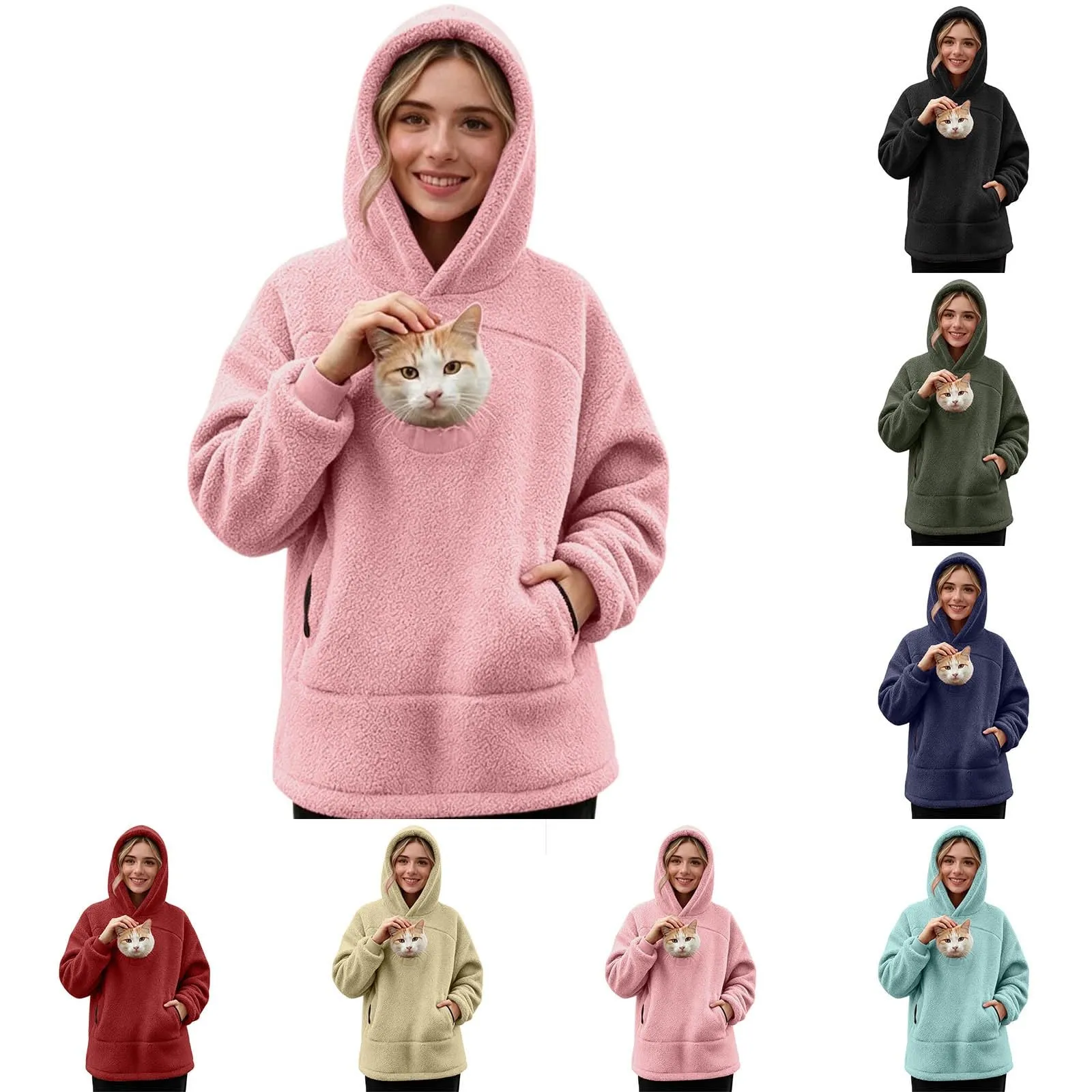 lozssnigzi Felpa Porta Gatto da Donna in Pile con Cappuccio - Grande Tasca a Marsupio Porta-Animali per Cagnolini, Gattini e Gatti, Morbida e Confortevole, Hoodie per Gli Amanti degli Animali - immagine 1