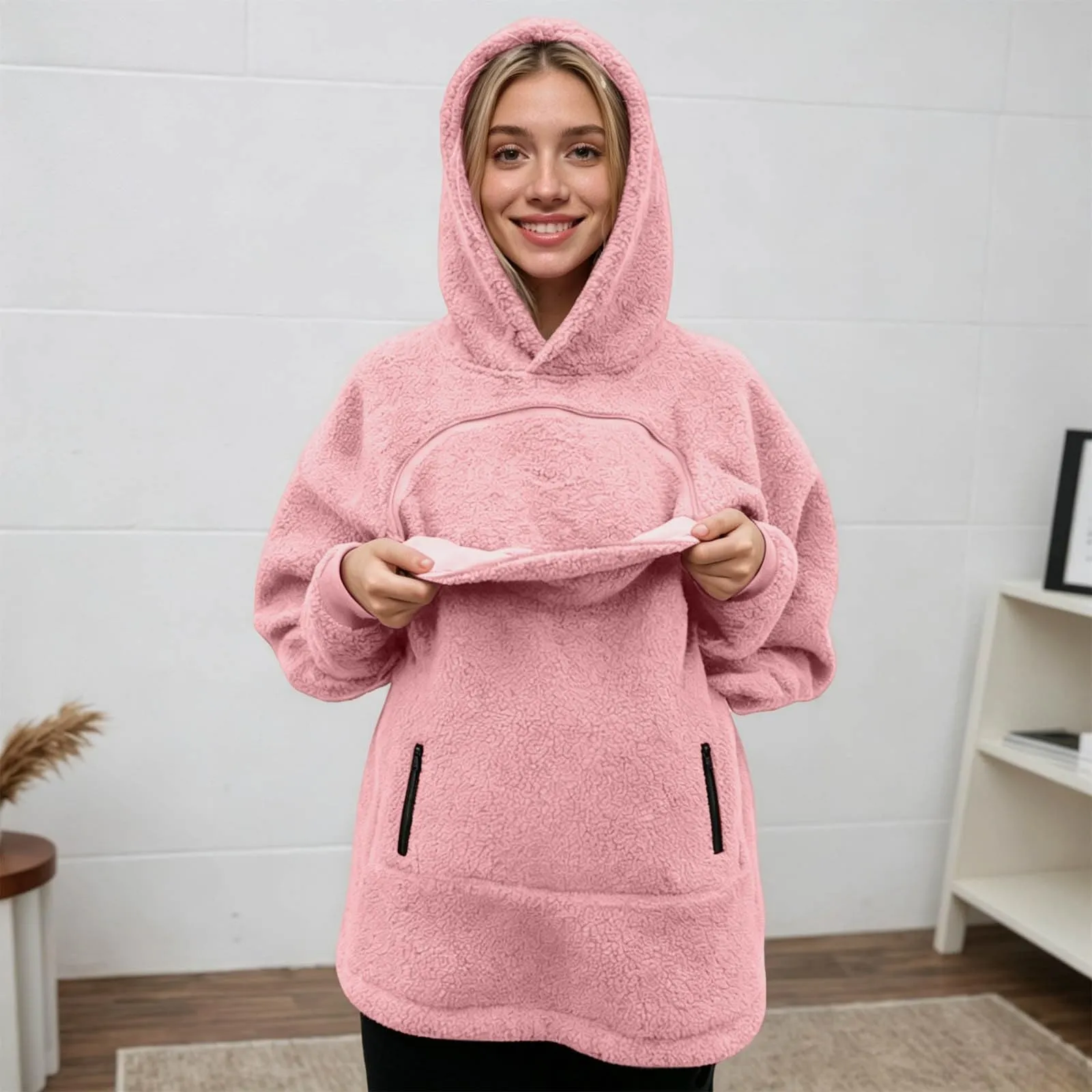 lozssnigzi Felpa Porta Gatto da Donna in Pile con Cappuccio - Grande Tasca a Marsupio Porta-Animali per Cagnolini, Gattini e Gatti, Morbida e Confortevole, Hoodie per Gli Amanti degli Animali - immagine 9