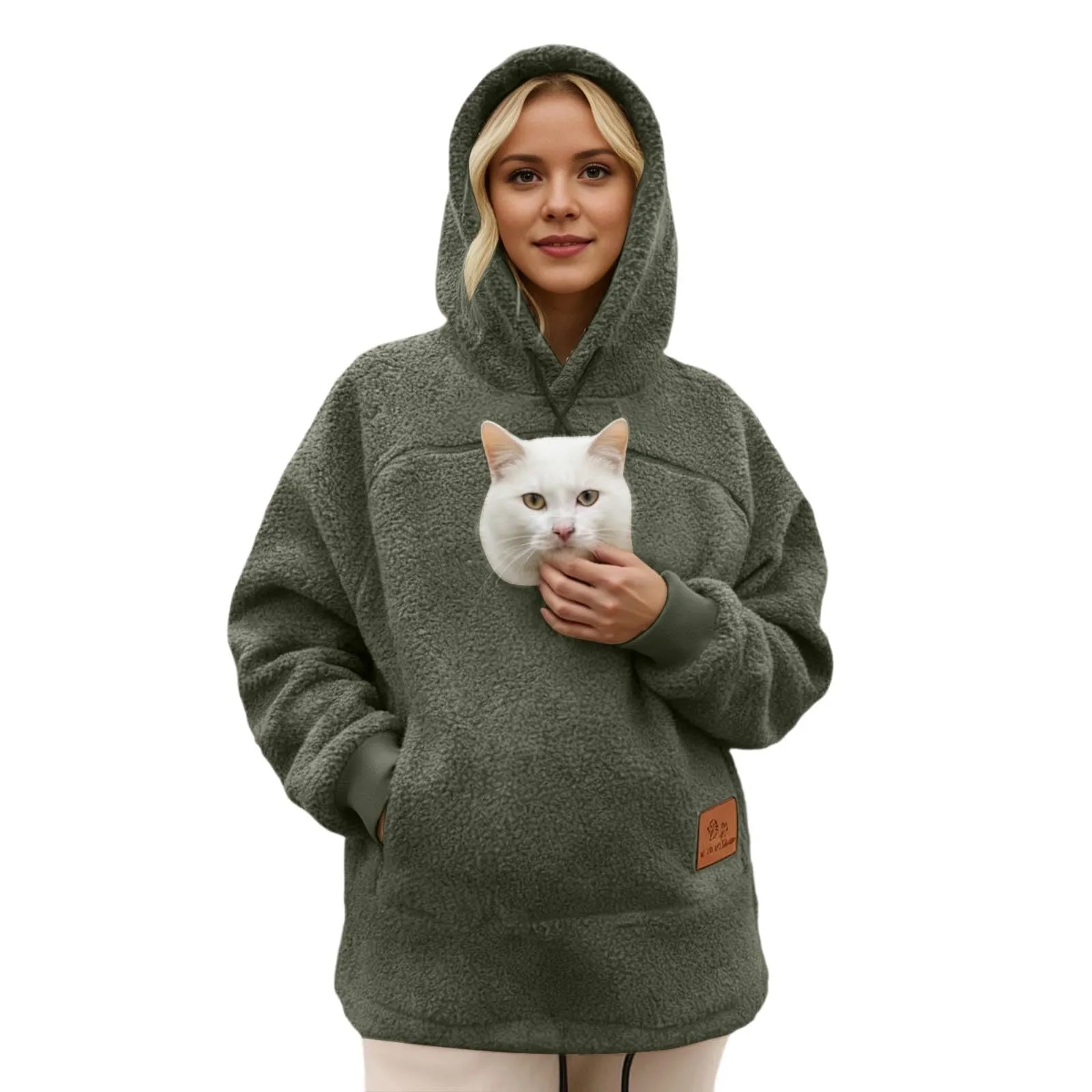 lozssnigzi Felpa Porta Gatto da Donna in Pile con Cappuccio - Grande Tasca a Marsupio Porta-Animali per Cagnolini, Gattini e Gatti, Morbida e Confortevole, Hoodie per Gli Amanti degli Animali - immagine 1