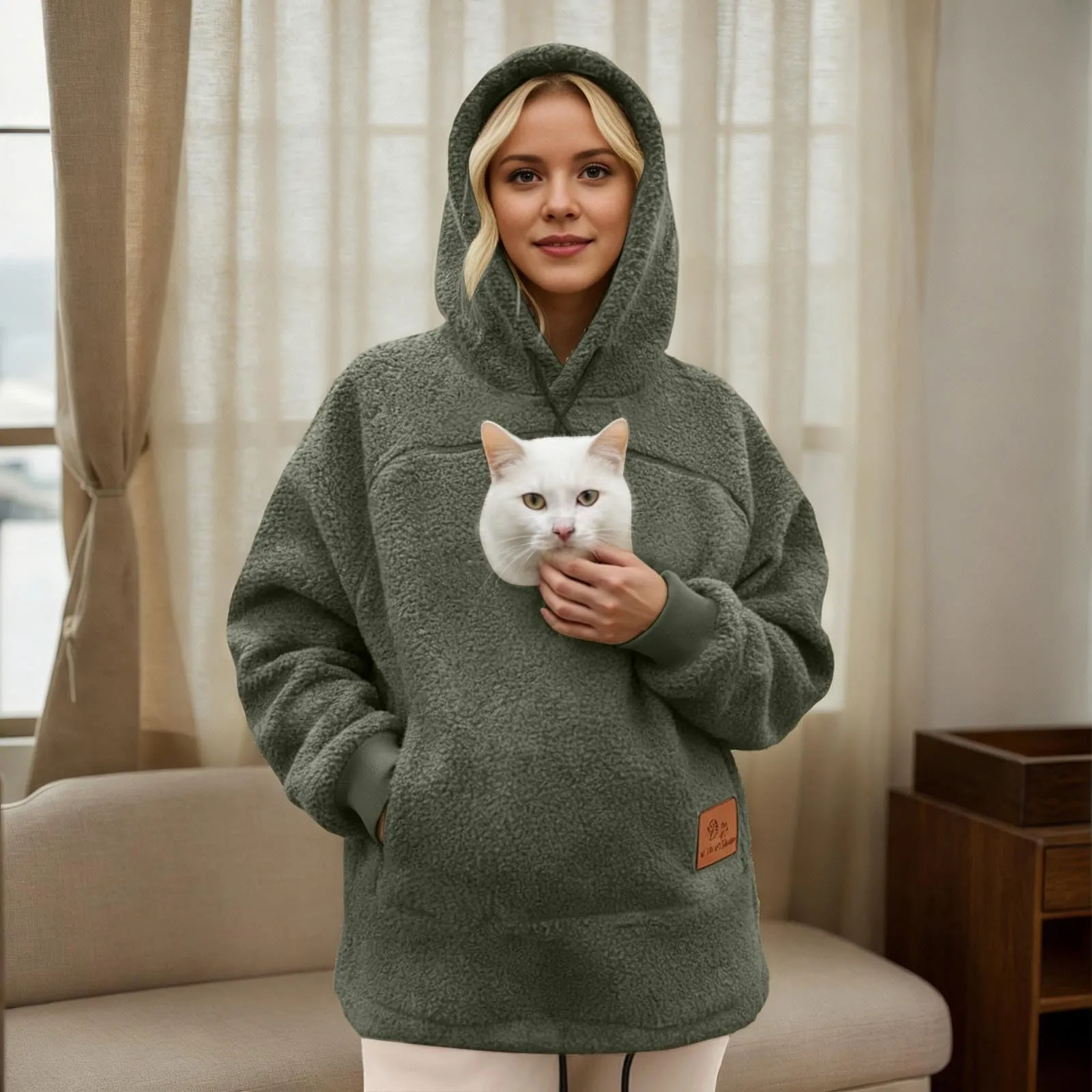 lozssnigzi Felpa Porta Gatto da Donna in Pile con Cappuccio - Grande Tasca a Marsupio Porta-Animali per Cagnolini, Gattini e Gatti, Morbida e Confortevole, Hoodie per Gli Amanti degli Animali - immagine 2