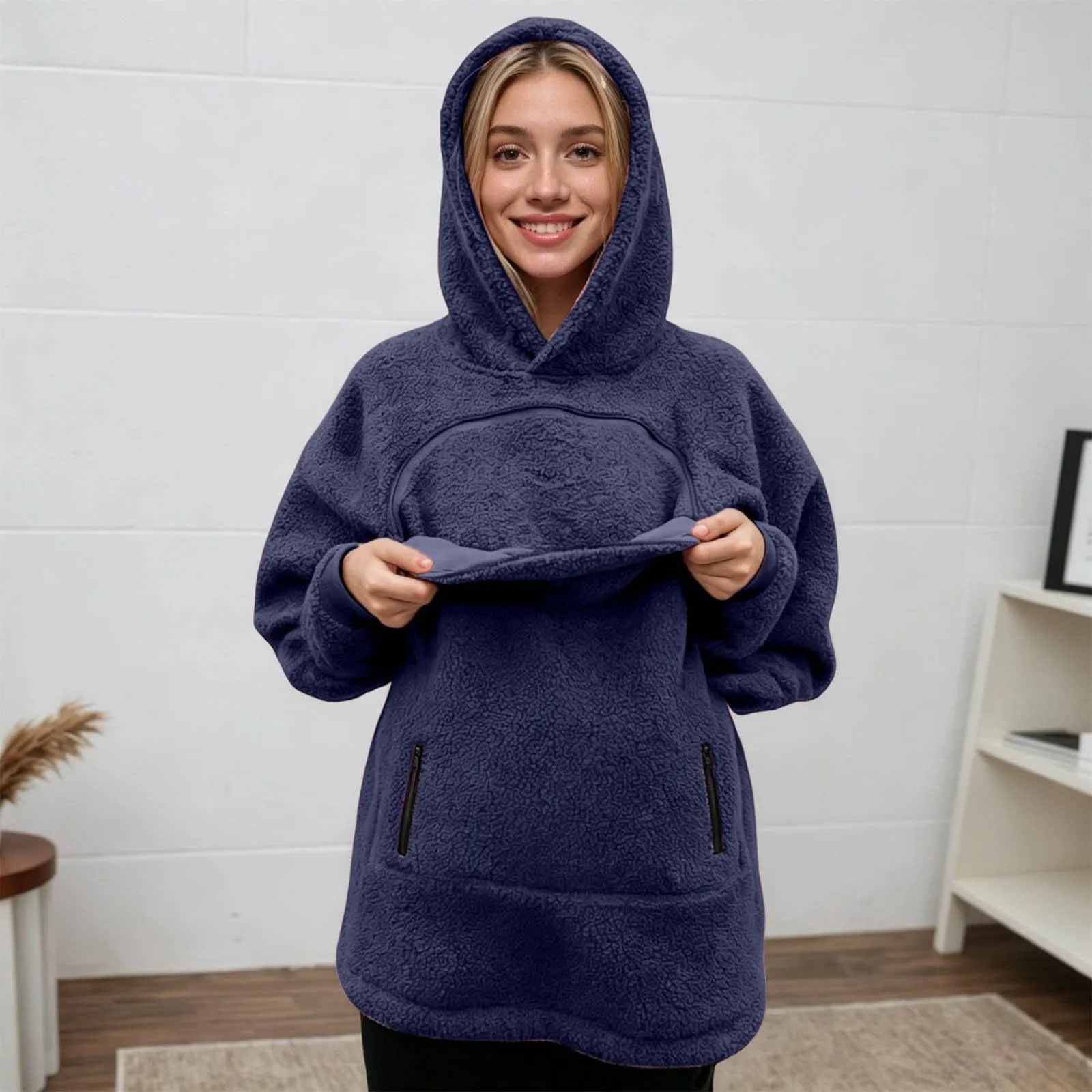 lozssnigzi Felpa Porta Gatto da Donna in Pile con Cappuccio - Grande Tasca a Marsupio Porta-Animali per Cagnolini, Gattini e Gatti, Morbida e Confortevole, Hoodie per Gli Amanti degli Animali - immagine 9