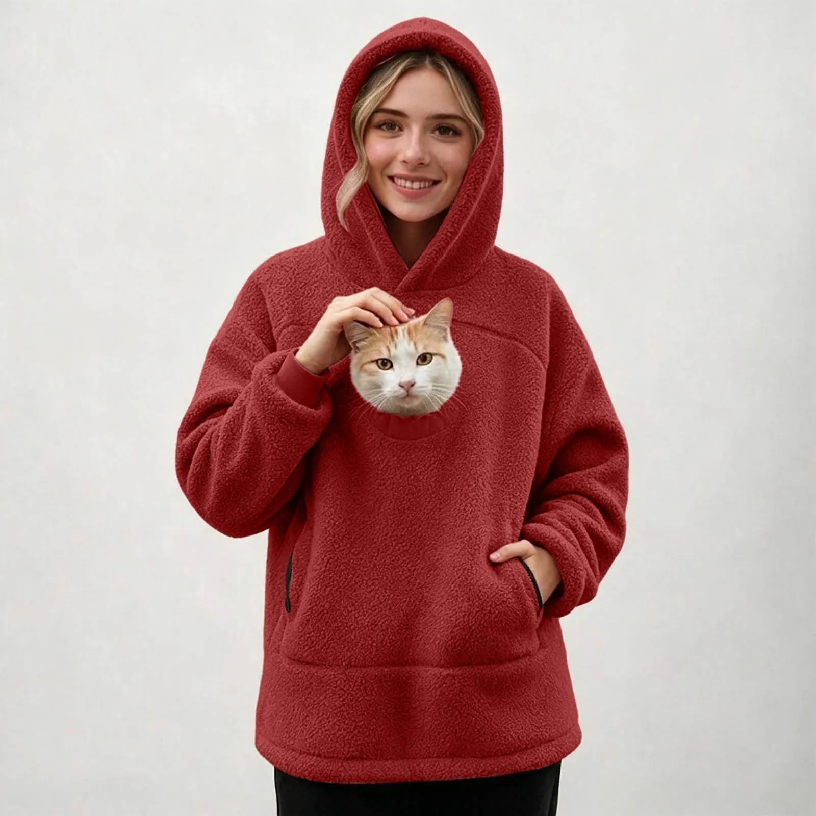lozssnigzi Felpa Porta Gatto da Donna in Pile con Cappuccio - Grande Tasca a Marsupio Porta-Animali per Cagnolini, Gattini e Gatti, Morbida e Confortevole, Hoodie per Gli Amanti degli Animali - immagine 3
