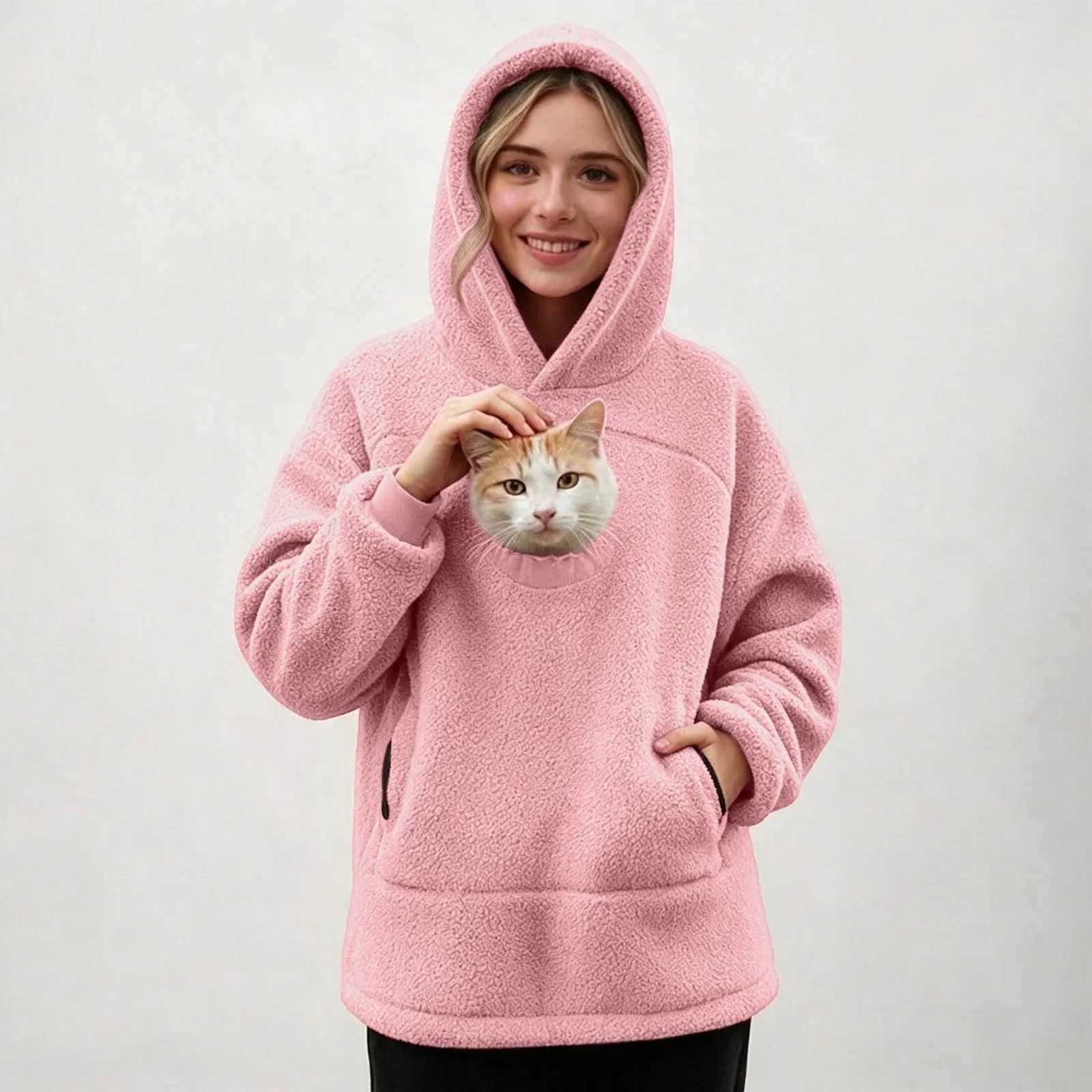 Felpa Porta Gatto da Donna in Pile con Cappuccio - Grande Tasca a Marsupio Porta-Animali per Cagnolini, Gattini e Gatti, Morbida e Confortevole, Hoodie per Gli Amanti Degli Animali - immagine 6
