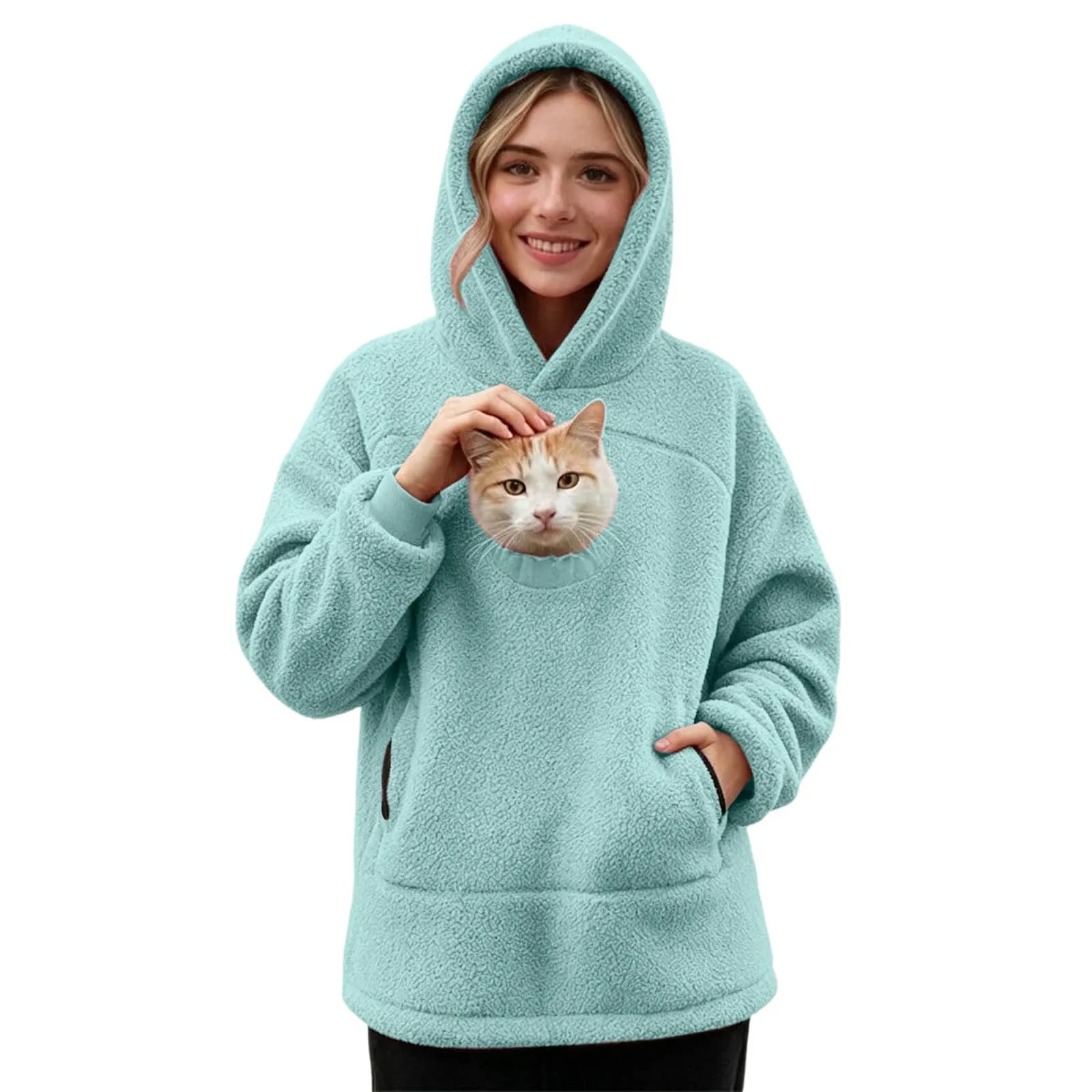 Felpa Porta Gatto da Donna in Pile con Cappuccio - Grande Tasca a Marsupio Porta-Animali per Cagnolini, Gattini e Gatti, Morbida e Confortevole, Hoodie per Gli Amanti Degli Animali - immagine 1