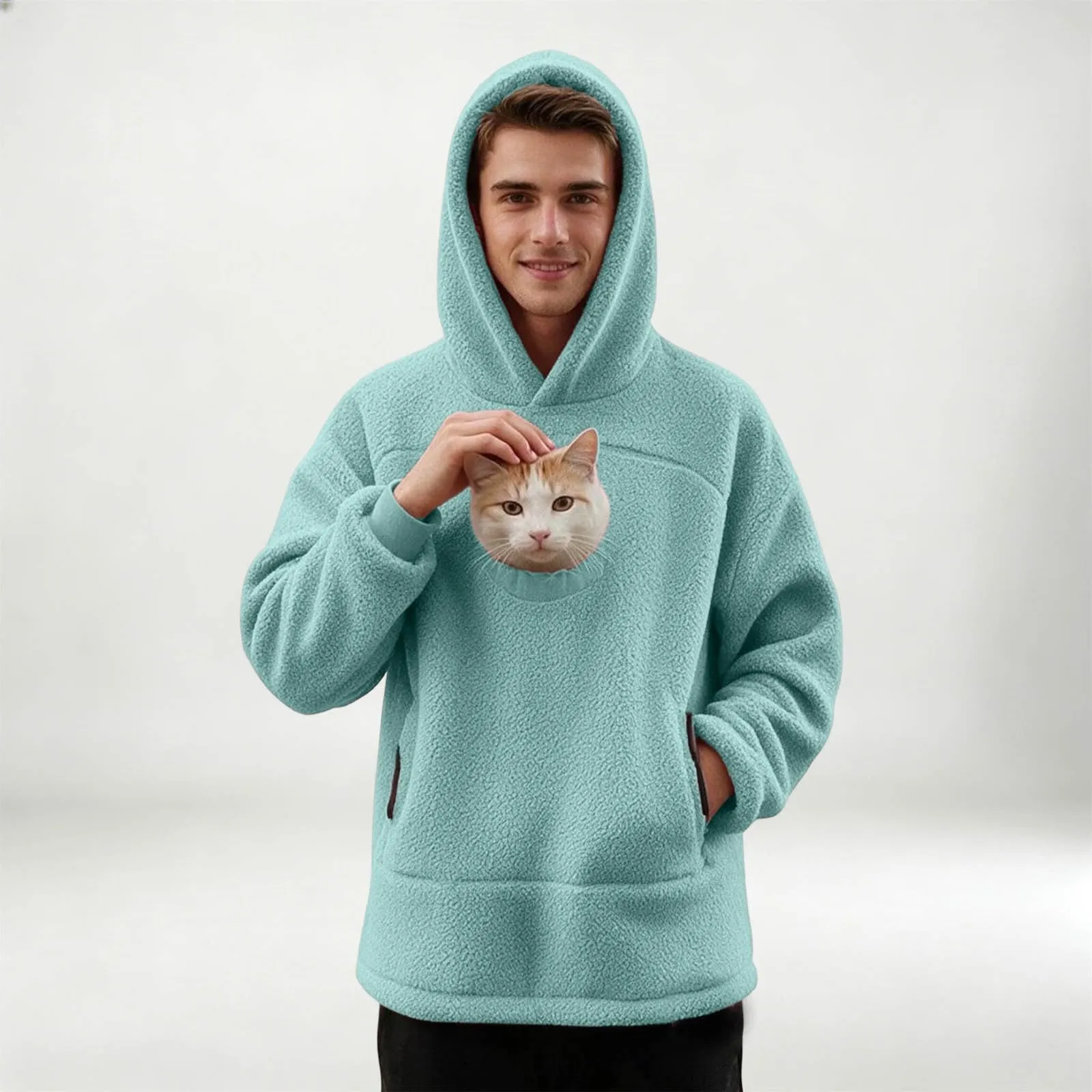 Felpa Porta Gatto da Donna in Pile con Cappuccio - Grande Tasca a Marsupio Porta-Animali per Cagnolini, Gattini e Gatti, Morbida e Confortevole, Hoodie per Gli Amanti Degli Animali - immagine 8