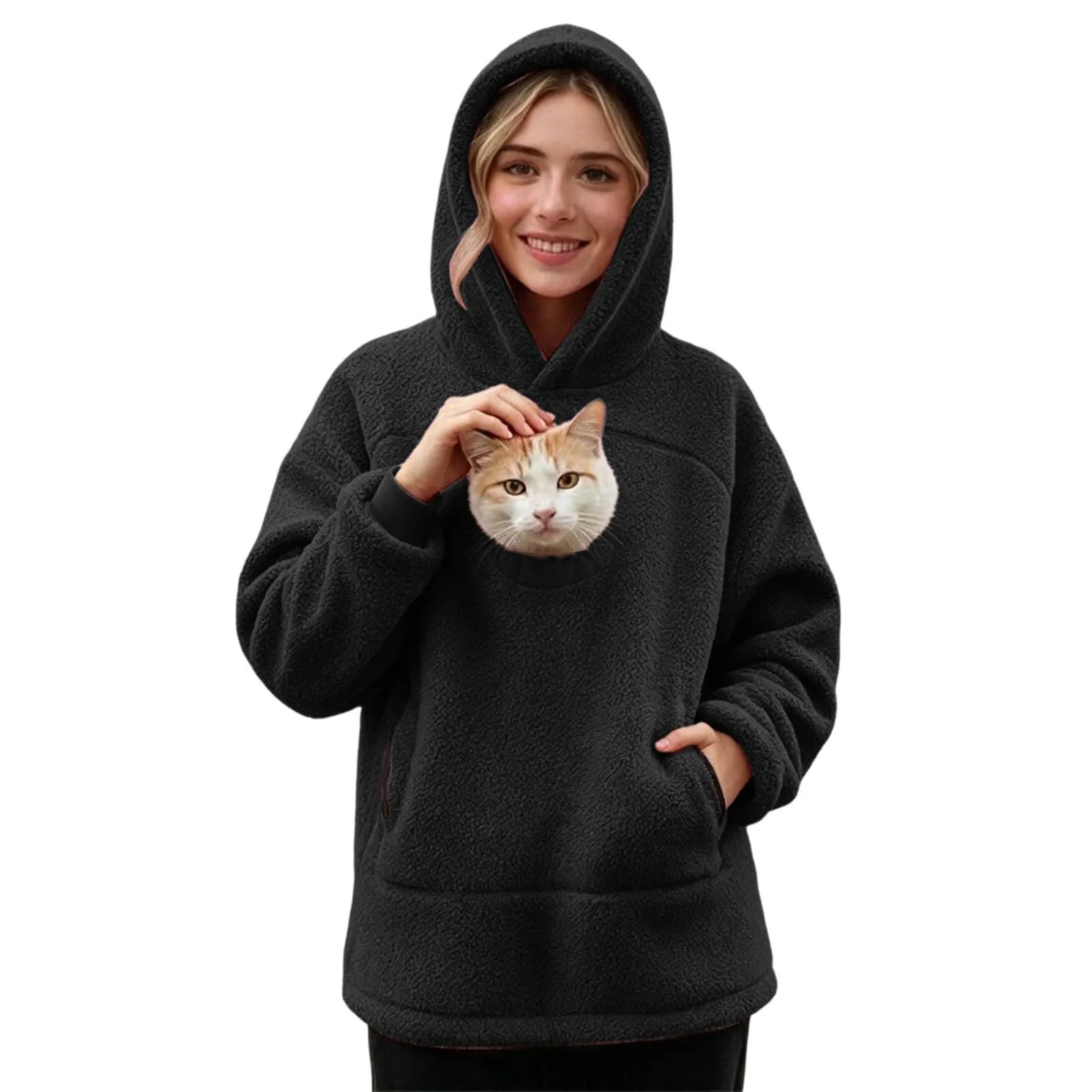 lozssnigzi Felpa Porta Gatto da Donna in Pile con Cappuccio - Grande Tasca a Marsupio Porta-Animali per Cagnolini, Gattini e Gatti, Morbida e Confortevole, Hoodie per Gli Amanti degli Animali - immagine 1