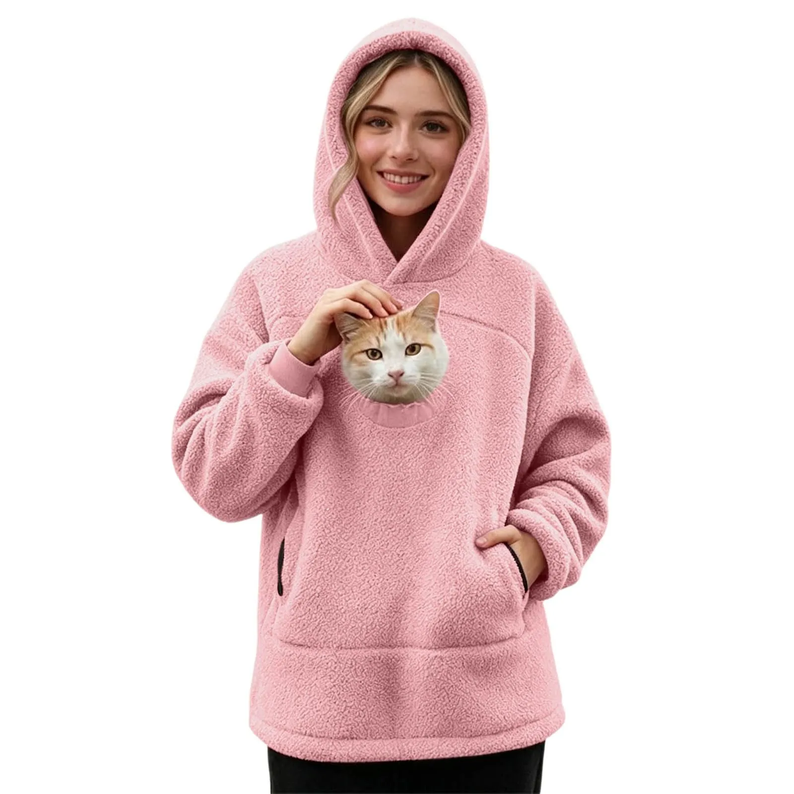 lozssnigzi Felpa Porta Gatto da Donna in Pile con Cappuccio - Grande Tasca a Marsupio Porta-Animali per Cagnolini, Gattini e Gatti, Morbida e Confortevole, Hoodie per Gli Amanti degli Animali - immagine 5