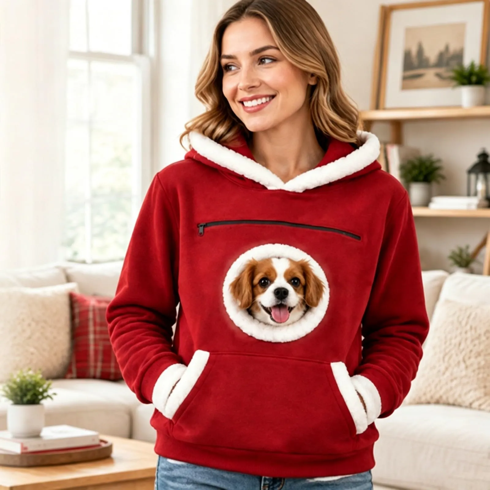 Felpa Donna Uomo con Cappuccio e Tasca Rotonda in Pelliccia Bianca Porta Cane, Apertura per la Testa, Rosso, Felpe Autunno Inverno per Animali Domestici, Regalo di Natale per gli Amanti dei Cani - immagine 2