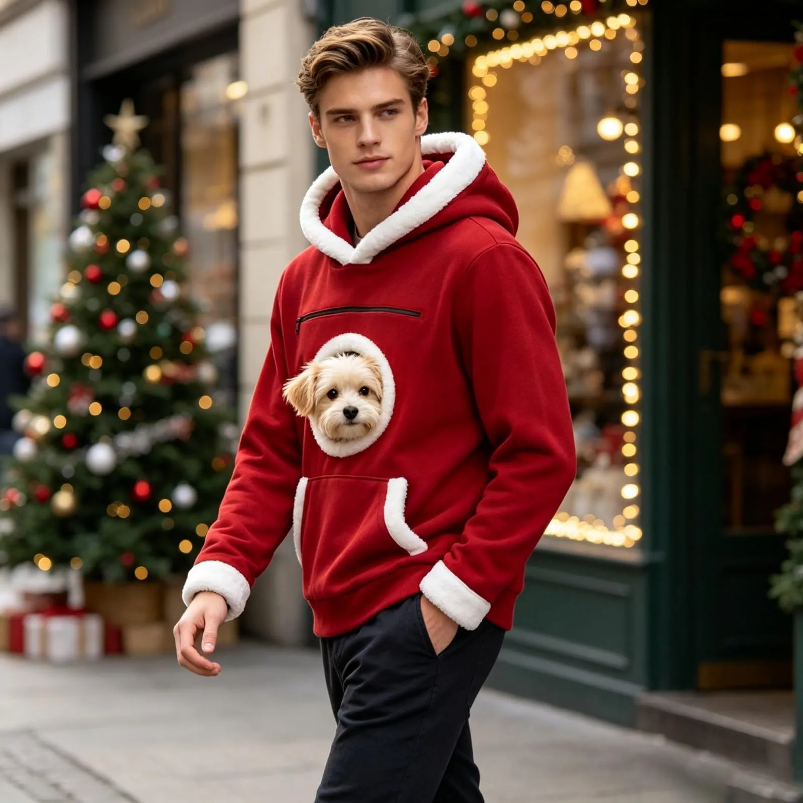 Felpa Donna Uomo con Cappuccio e Tasca Rotonda in Pelliccia Bianca Porta Cane, Apertura per la Testa, Rosso, Felpe Autunno Inverno per Animali Domestici, Regalo di Natale per gli Amanti dei Cani - immagine 6
